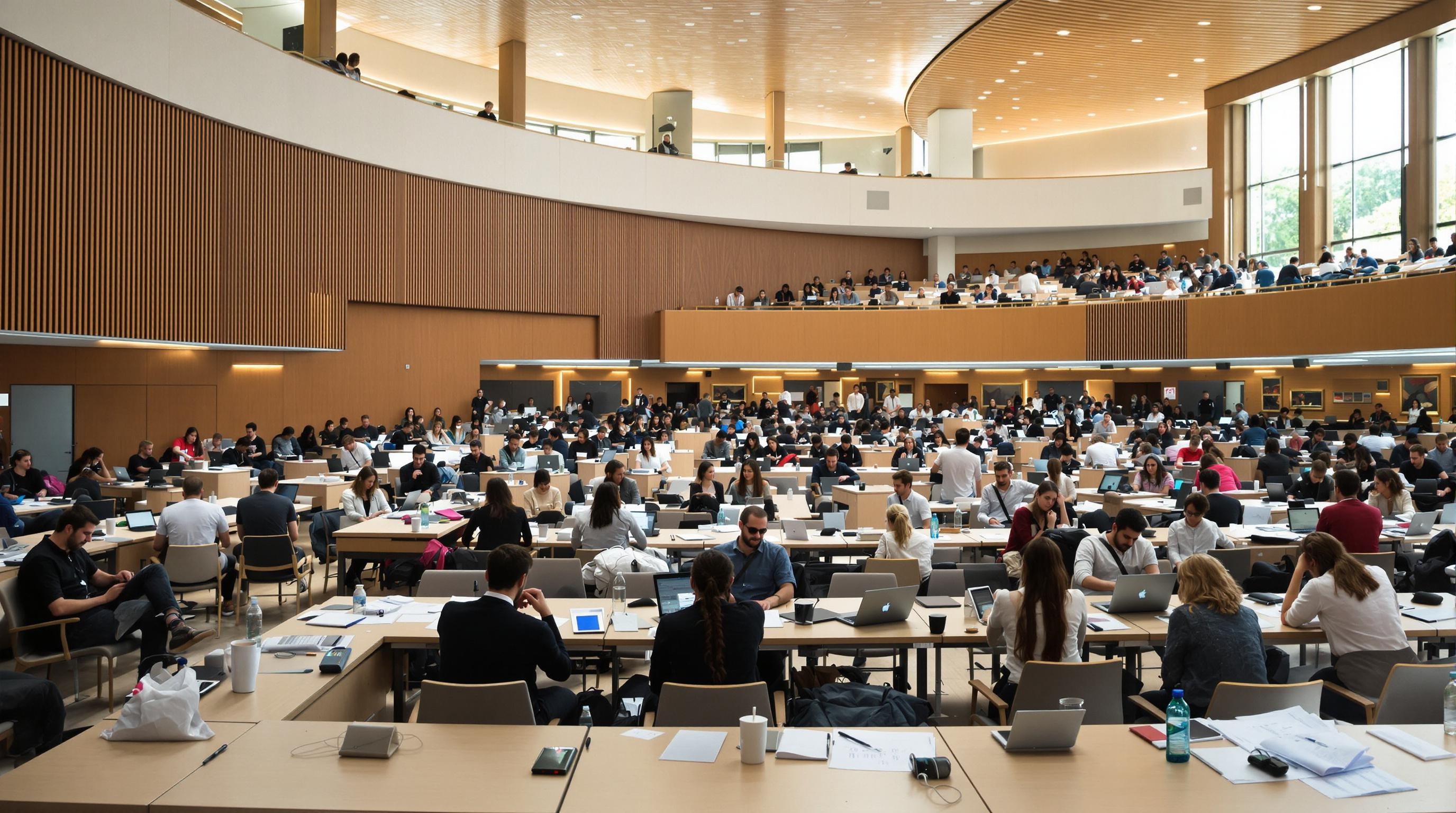Amphithéâtre principal sur le Campus d’excellence avec des étudiants ADE travaillant sur un cas pratique d’échanges internationaux
