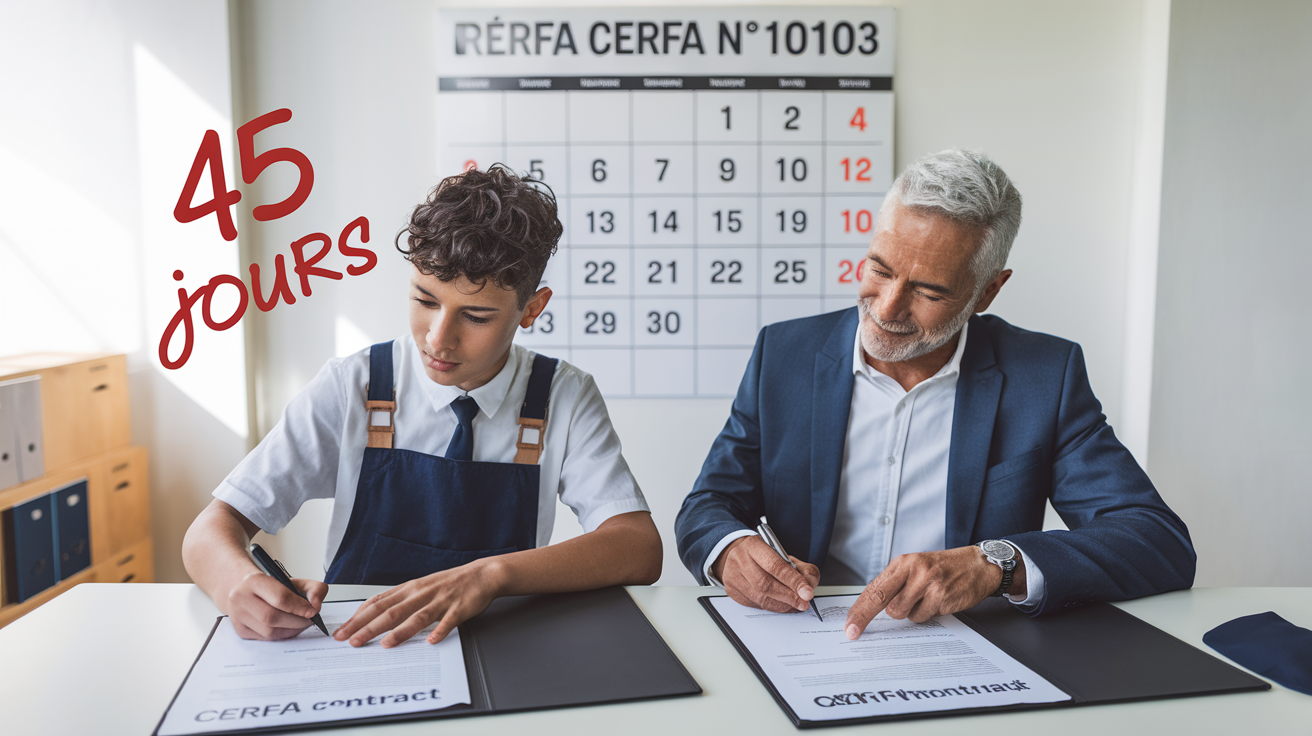 Apprenti et maître d’apprentissage signant un Cerfa n°10103, avec un calendrier annoté ‘45 jours’ en arrière-plan.