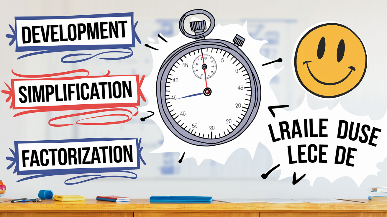 Ardoise avec des exercices chronométrés sur le développement, la réduction et la factorisation.