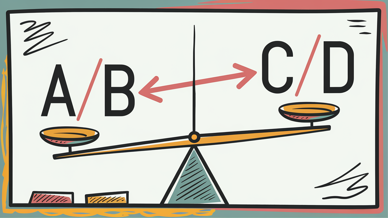 Illustration de l’égalité des produits en croix avec une balance stylisée.