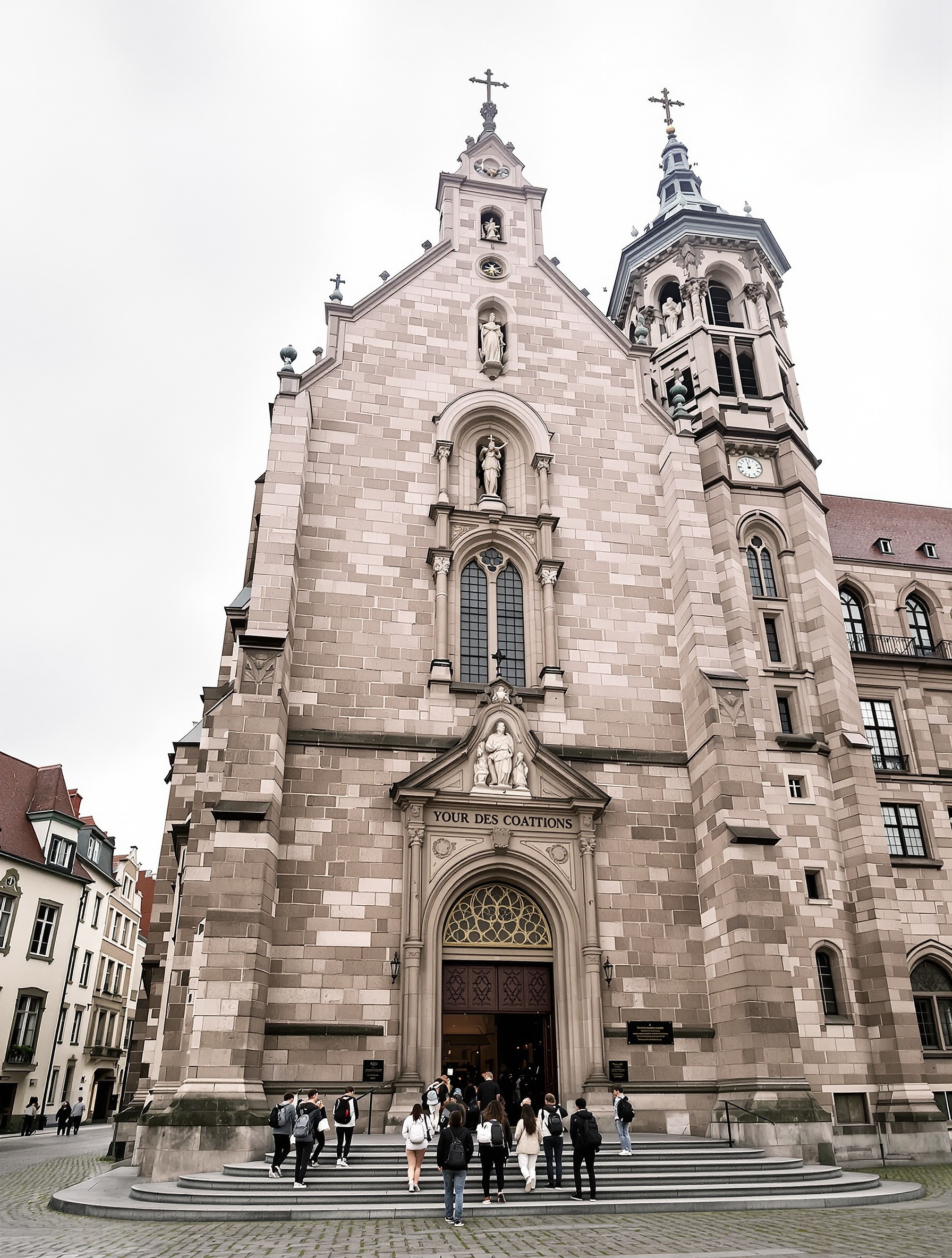 Façade du Collège Episcopal Saint-Étienne à Strasbourg, architecture austère, étudiants entrant.