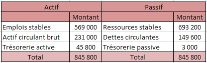 Capture d’écran d’un bilan fonctionnel Excel montrant les emplois stables et les ressources stables