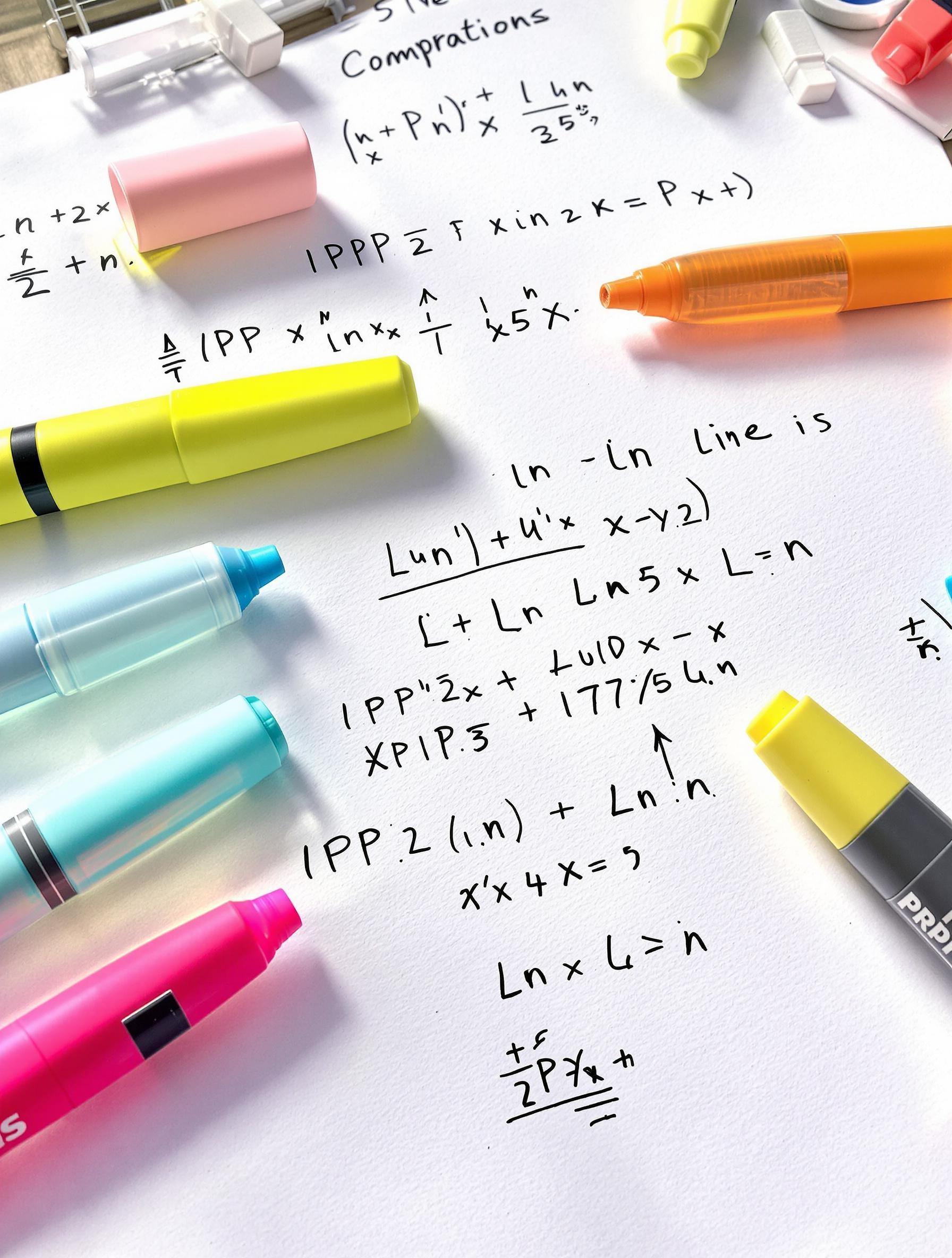 Capture haute résolution d’un brouillon d’étudiant montrant les cinq lignes clefs de l’IPP sur (ln x)^n, entouré de surligneurs fluorescents.
