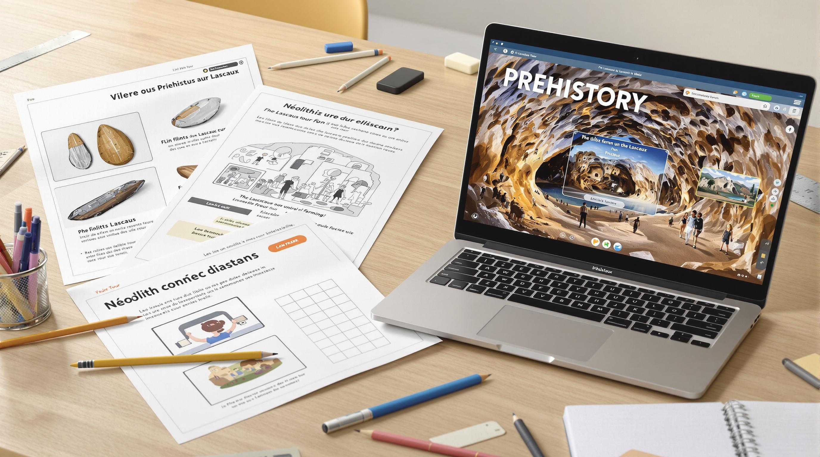 Fiches imprimées sur la Préhistoire et visite virtuelle de Lascaux pour CE2