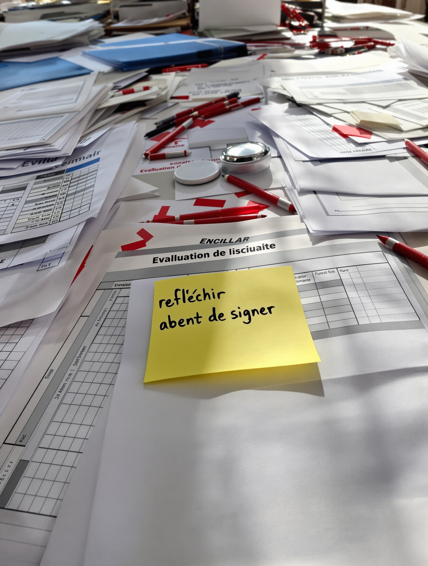 bureau encombré de dossiers, post-it réflexion, ambiance sérieuse, décision à prendre.