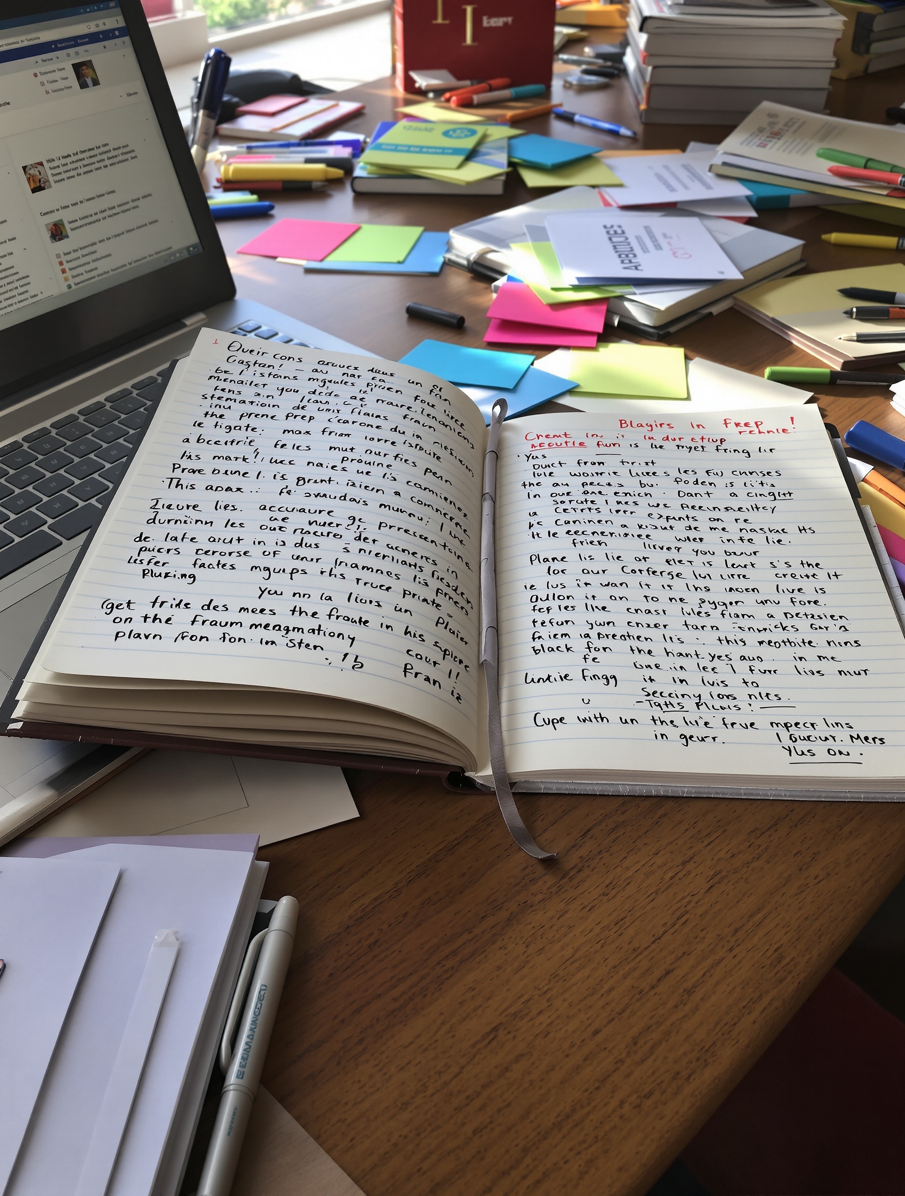 Bureau d’étudiant prépa : cahier ouvert, ordinateur portable, fiches colorées, ambiance studieuse