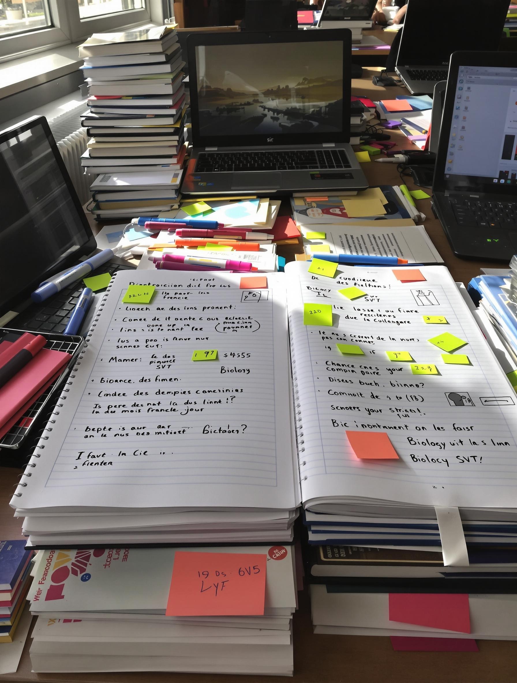 Raccourcis ressources collège : français, SVT, fiches sur bureau encombré
