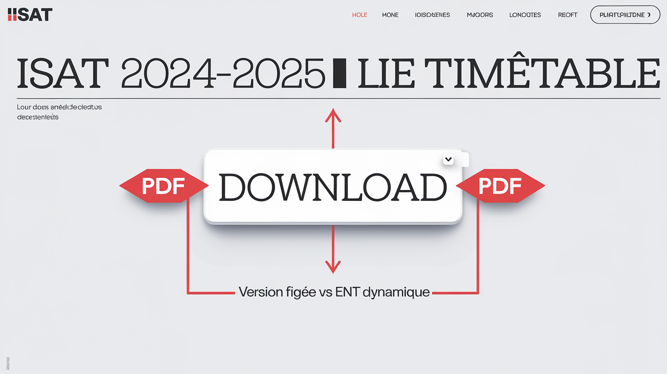 Capture d’écran annotée montrant le bouton de téléchargement du PDF de l’emploi du temps ISAT 2024-2025 sur le site officiel. Flèches rouges et légende : Version figée vs ENT dynamique.