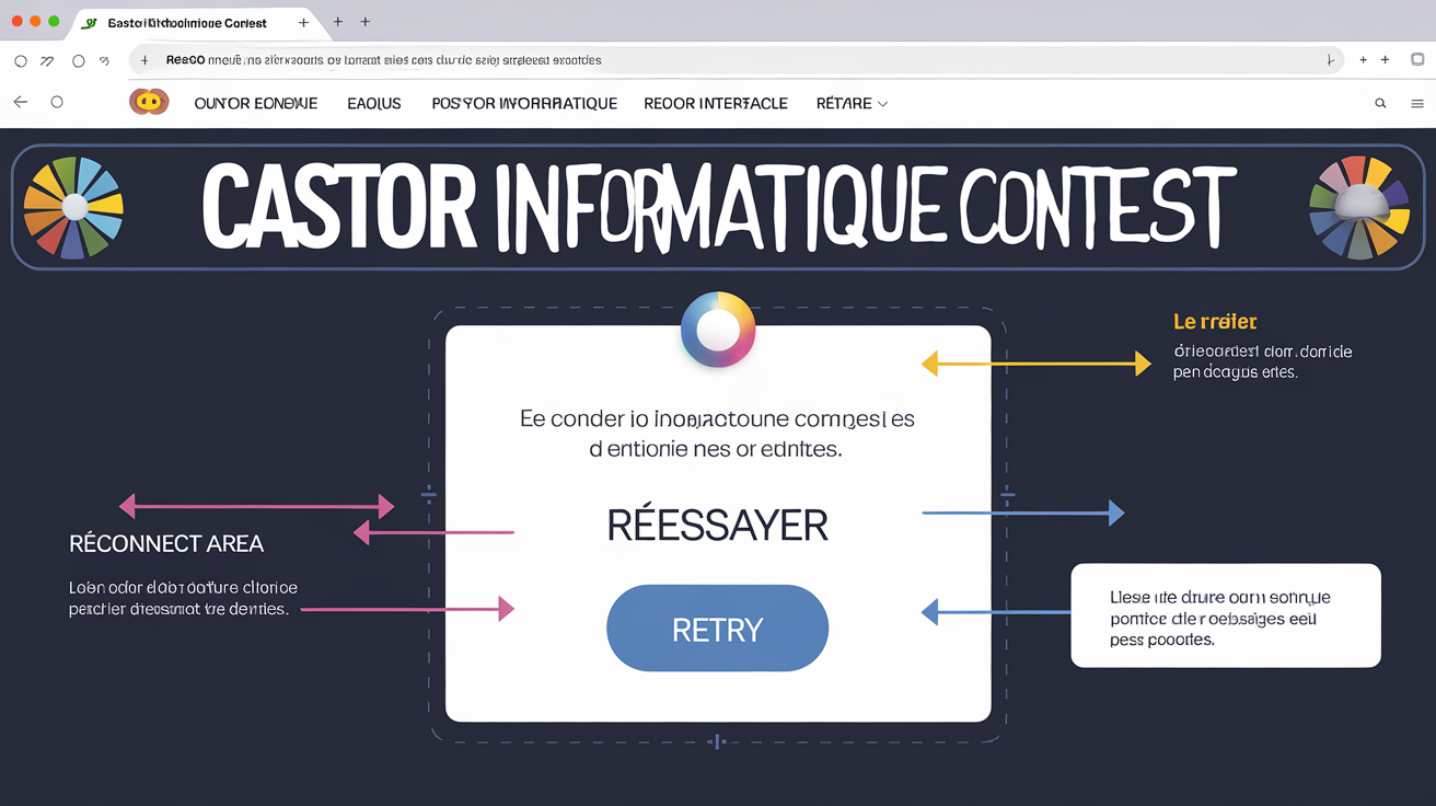 Capture d'écran d'un message d'erreur lors du concours Castor avec annotations pour reconnexion