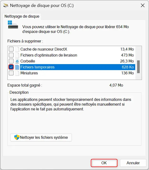 Nettoyer fichiers temporaires Windows 11 gain d'espace capture écran