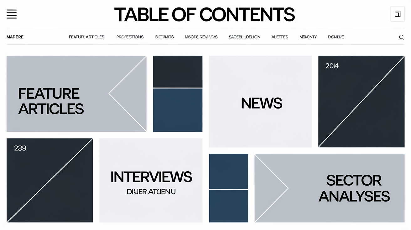 Sommaire stylisé du magazine ActuIA avec dossiers de fond, interviews et analyses sectorielles.
