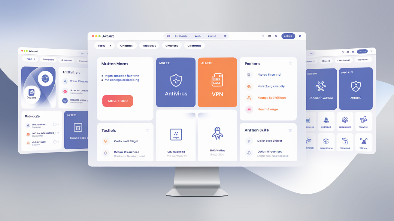 Interface d'une suite de sécurité complète avec modules antivirus et VPN.