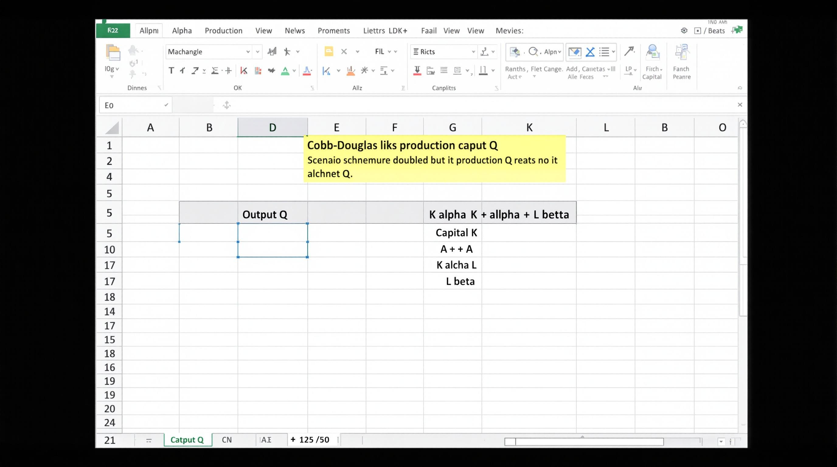 Capture d'écran Excel avec sliders pour Cobb-Douglas