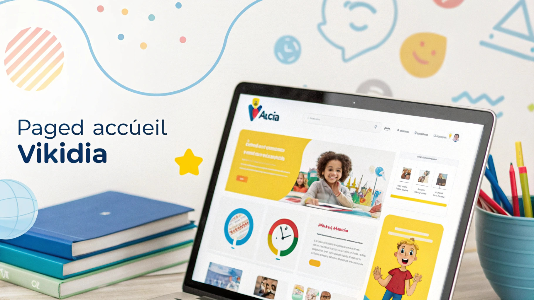 Interface colorée de Vikidia avec des articles adaptés aux 8-13 ans