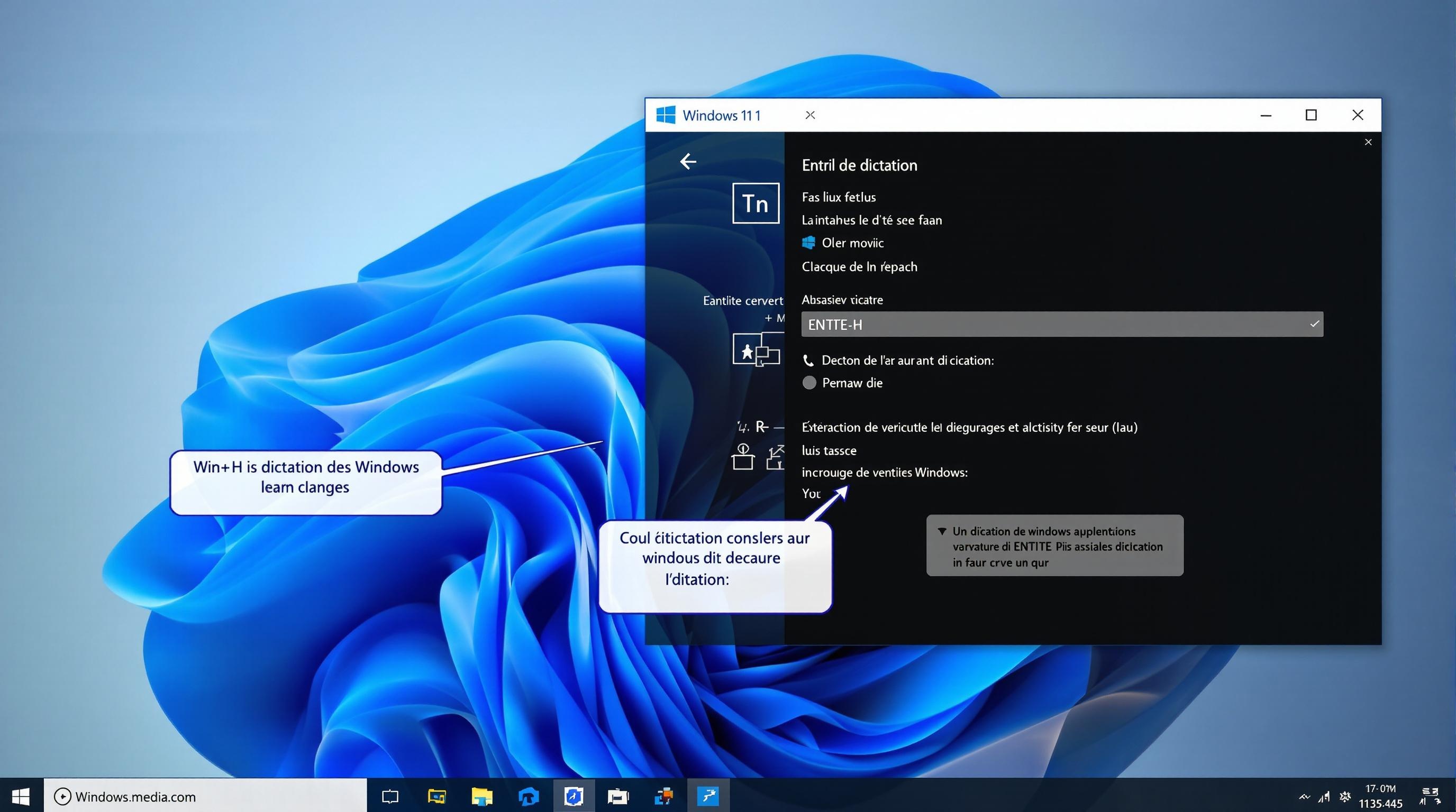 Fenêtre de dictée Windows avec la langue Français activée