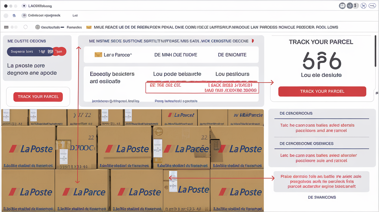 Capture d'écran d'un faux email de La Poste pour un suivi de colis. Des annotations en rouge mettent en évidence les indices de l'arnaque : l'adresse de l'expéditeur, le logo de mauvaise qualité et le lien suspect visible au survol de la souris.
