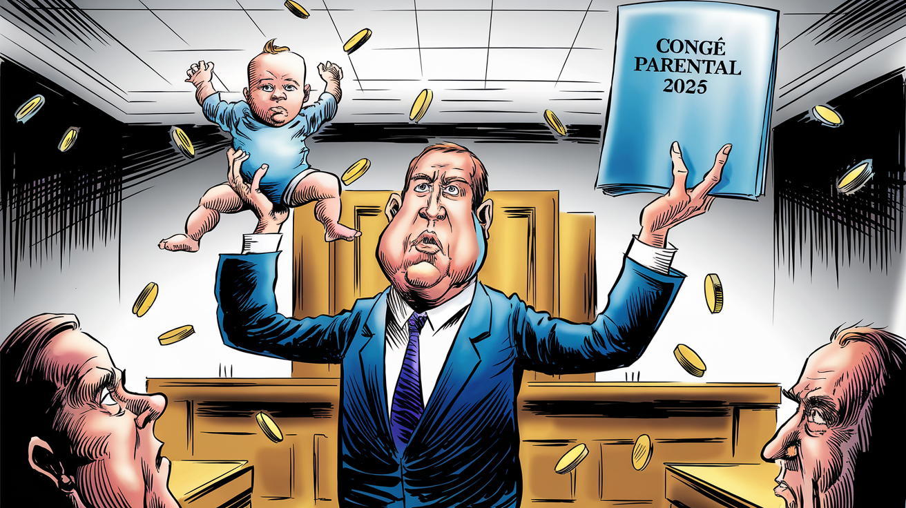 Caricature parent congé parental 2025 argent