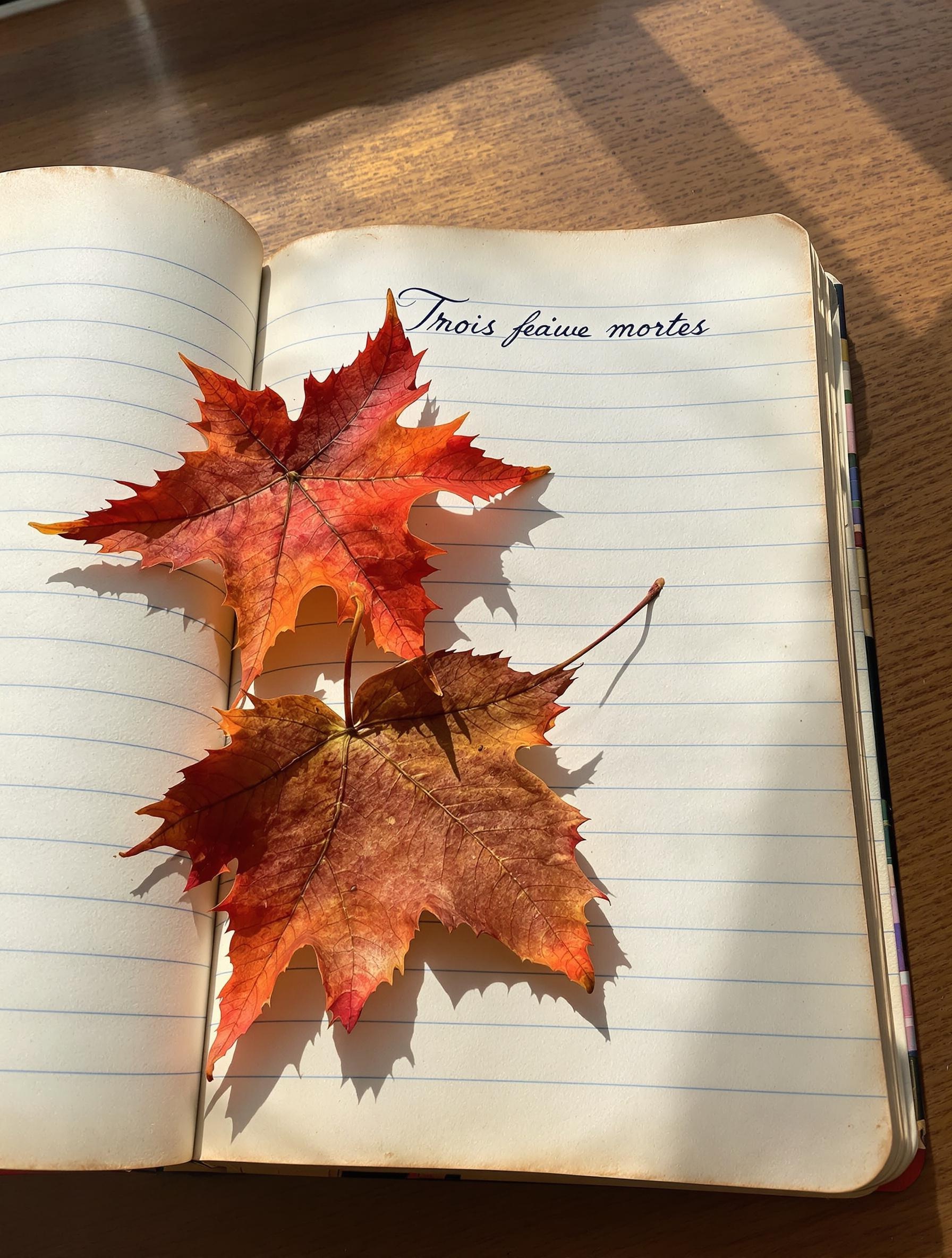 Carnet d’écolier vintage où l’on devine le poème “Trois feuilles mortes” écrit à l’encre, trois vraies feuilles d’Automne posées dessus