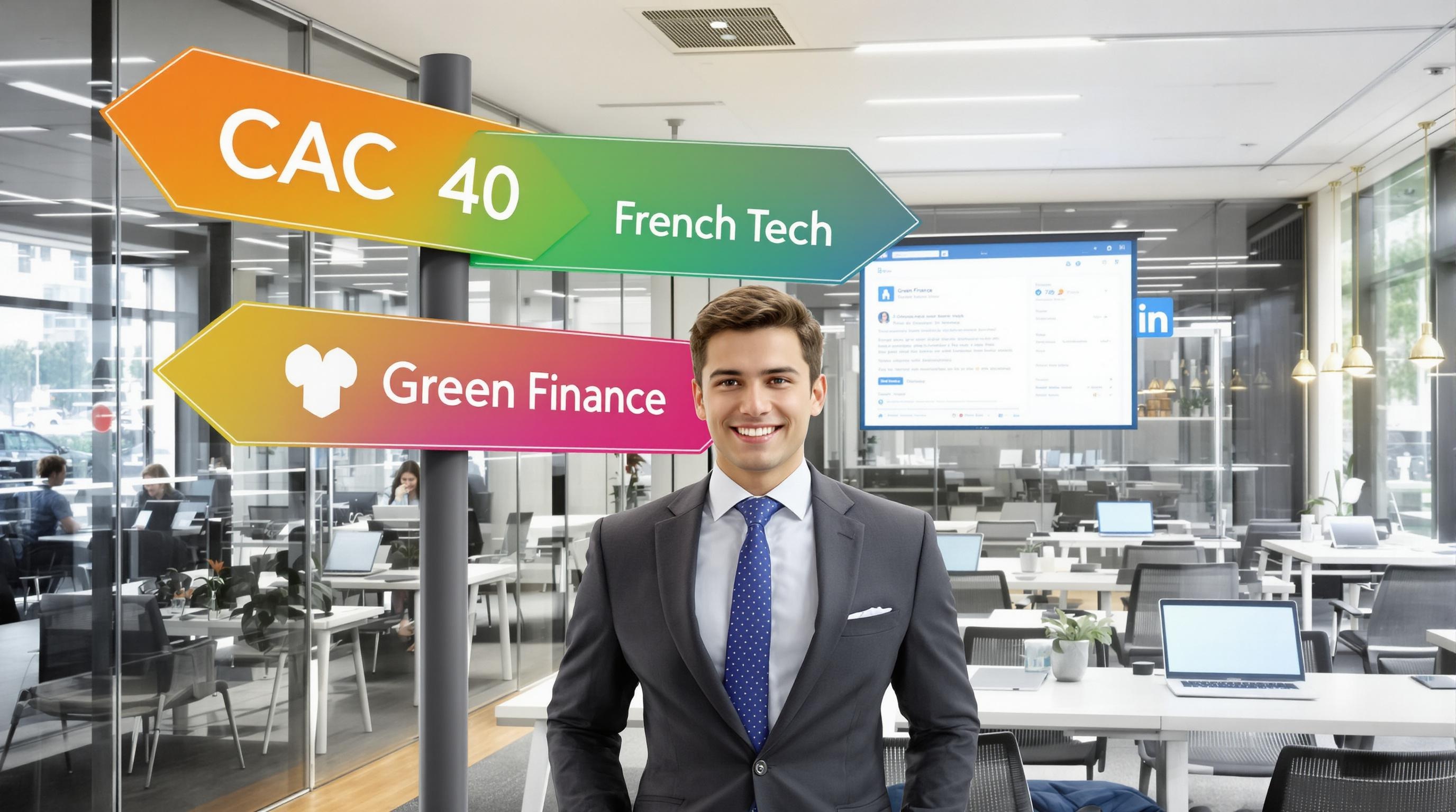 Visuel composite symbolisant les carrières post-écoles de commerce en 2025 : un diplômé devant trois panneaux (CAC40, French Tech, Finance verte), arrière-plan bureaux modernes, laptops ouverts, LinkedIn sur écran.