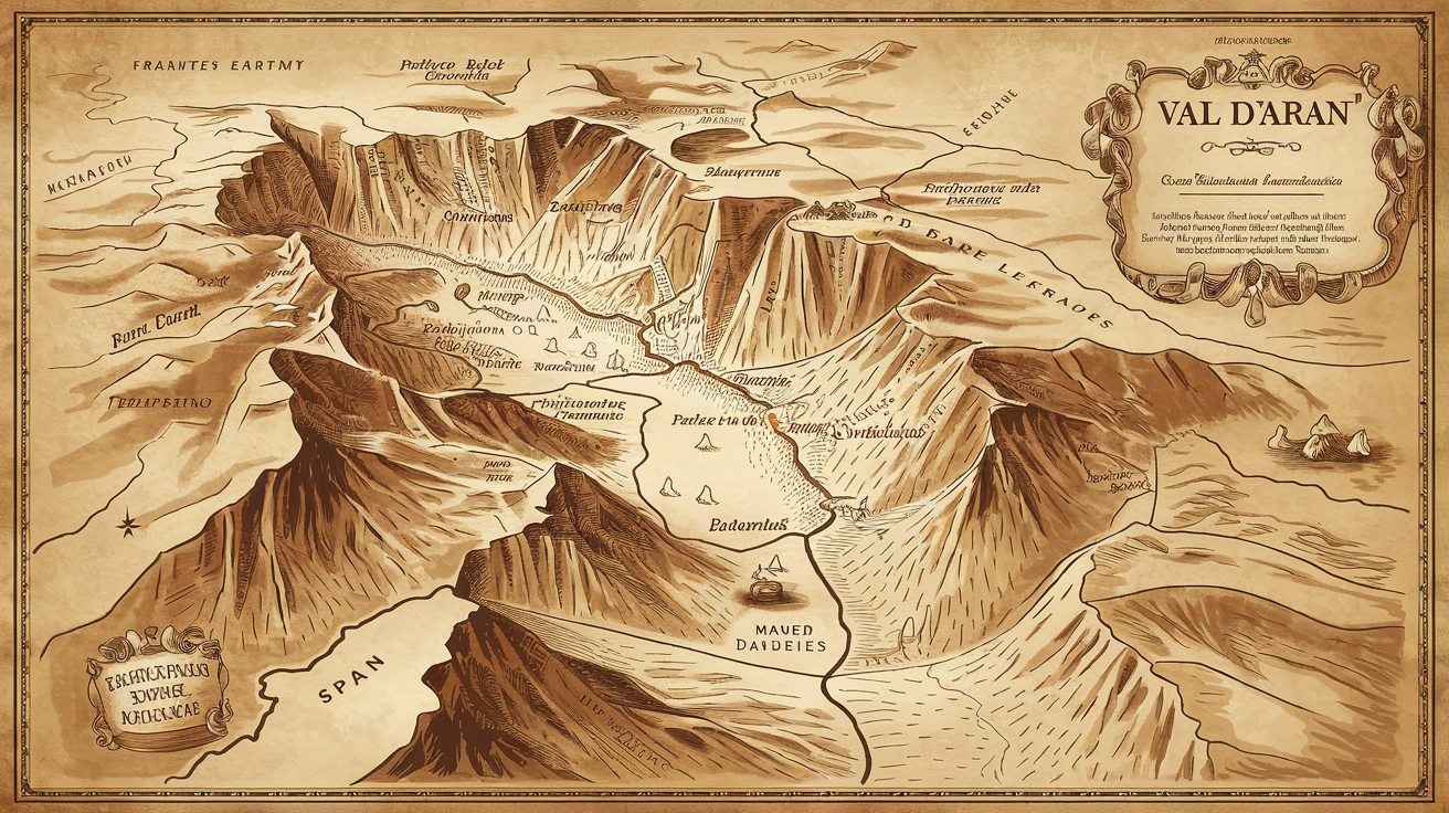 Carte ancienne stylisée du Val d’Aran partagé