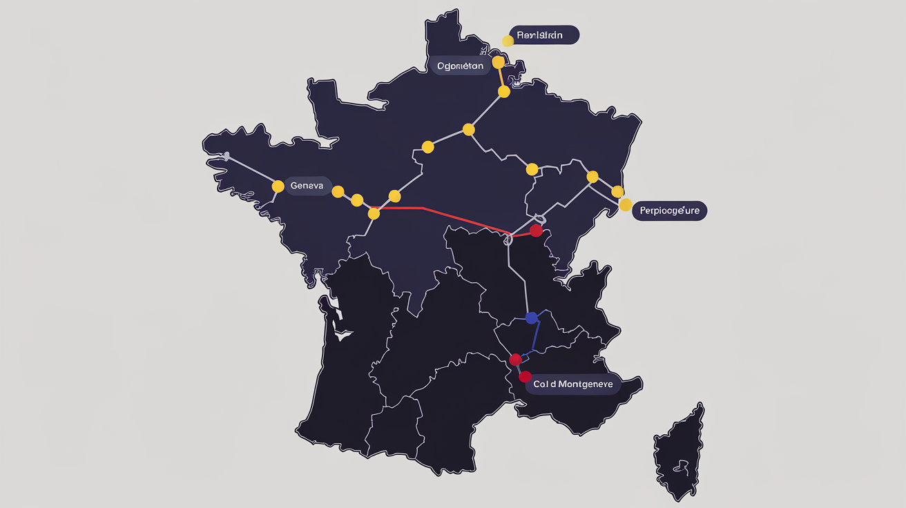 Carte heatmap des frontières métropolitaines de la France avec points de passage majeurs
