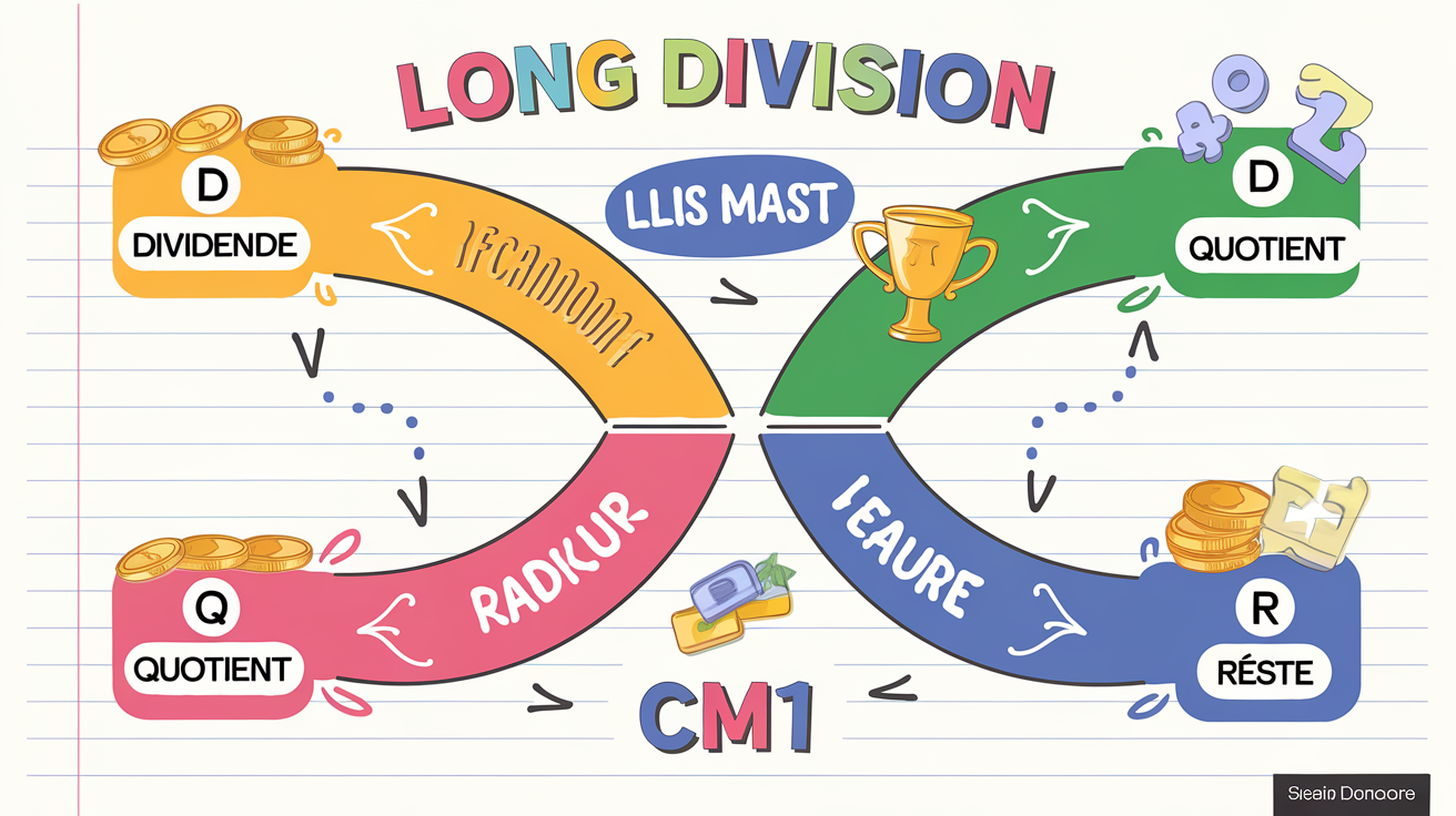 Carte mentale division posée CM1 avec Dividende, Diviseur, Quotient, Reste sur fond de cahier.