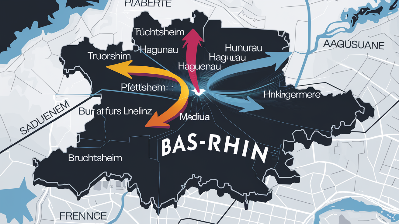 Carte stylisée du Bas-Rhin couronne nord hubs professeurs particuliers mobilité locale.