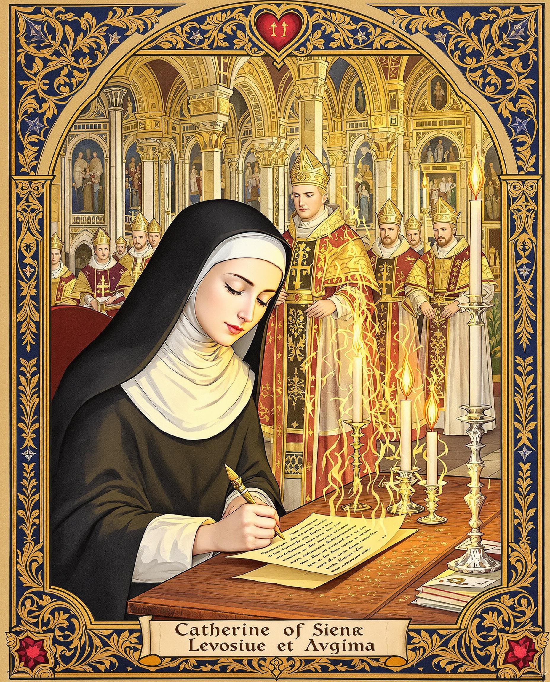 Miniature médiévale représentant Catherine de Sienne écrivant une lettre enflammée, avec des papes à Avignon en arrière-plan, symbolisant son action diplomatique et sa force de persuasion.