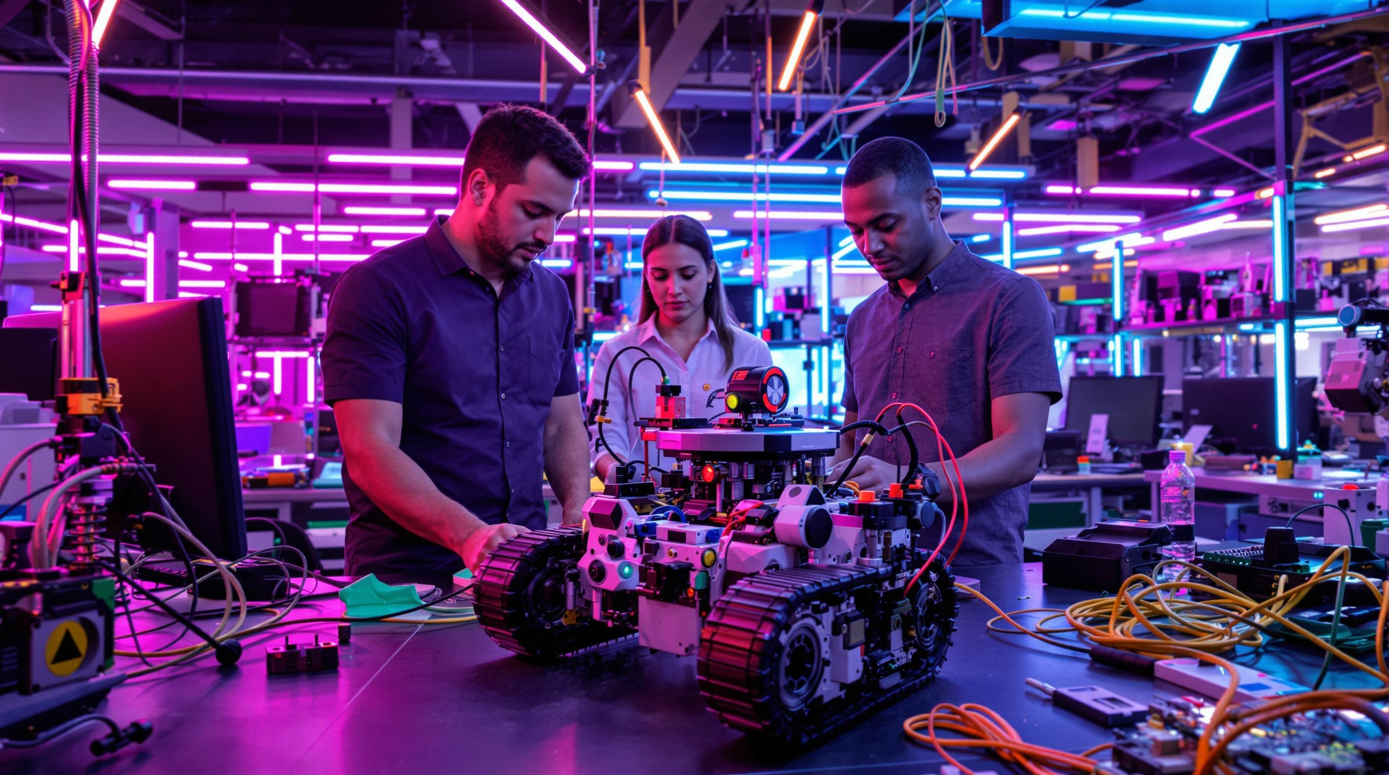Étudiants de Centrale Lille testant un robot mobile dans le fablab IG2I, 2024