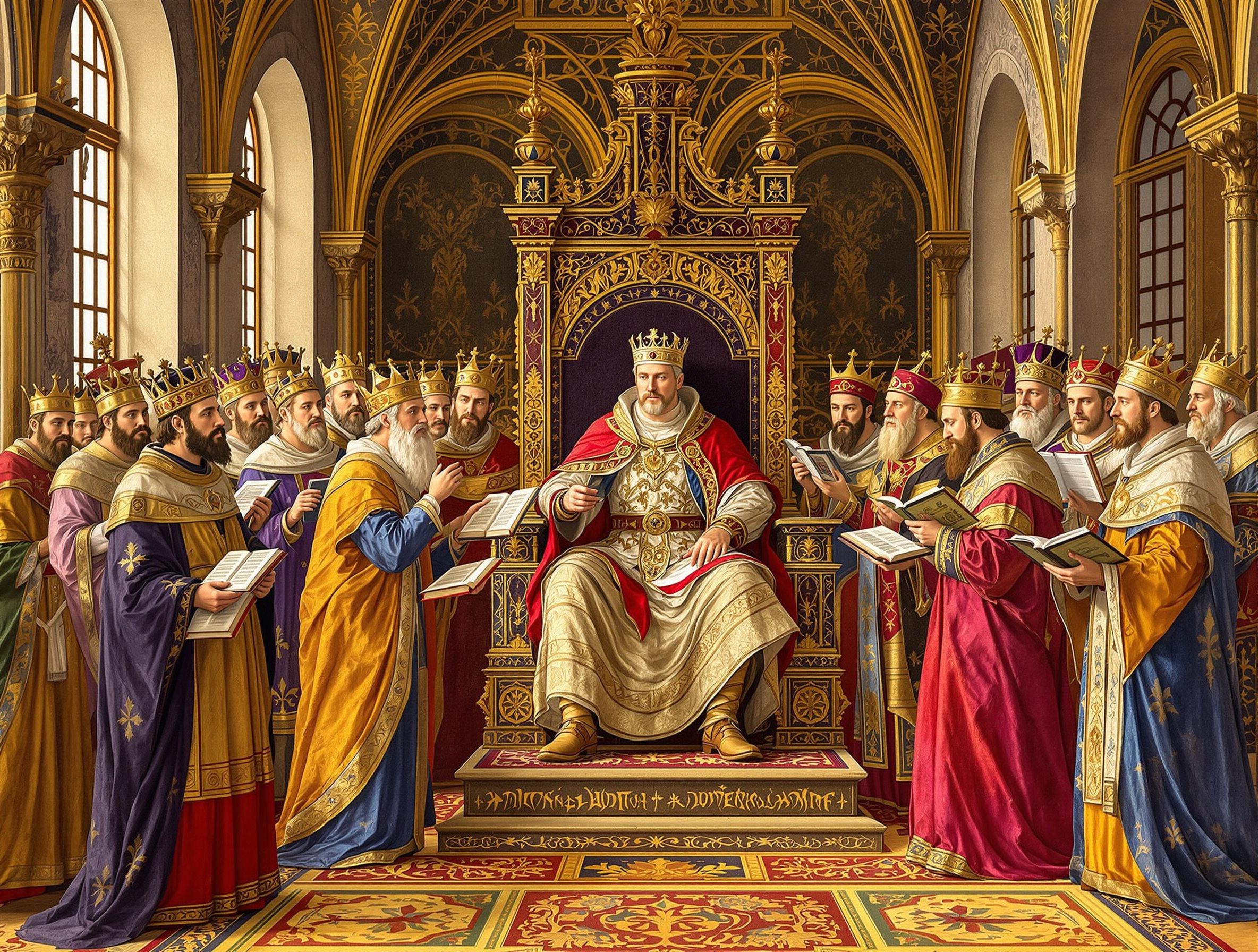 Miniature du IXᵉ siècle montrant Charlemagne recevant des érudits, insistant sur la renaissance carolingienne et la place du livre.