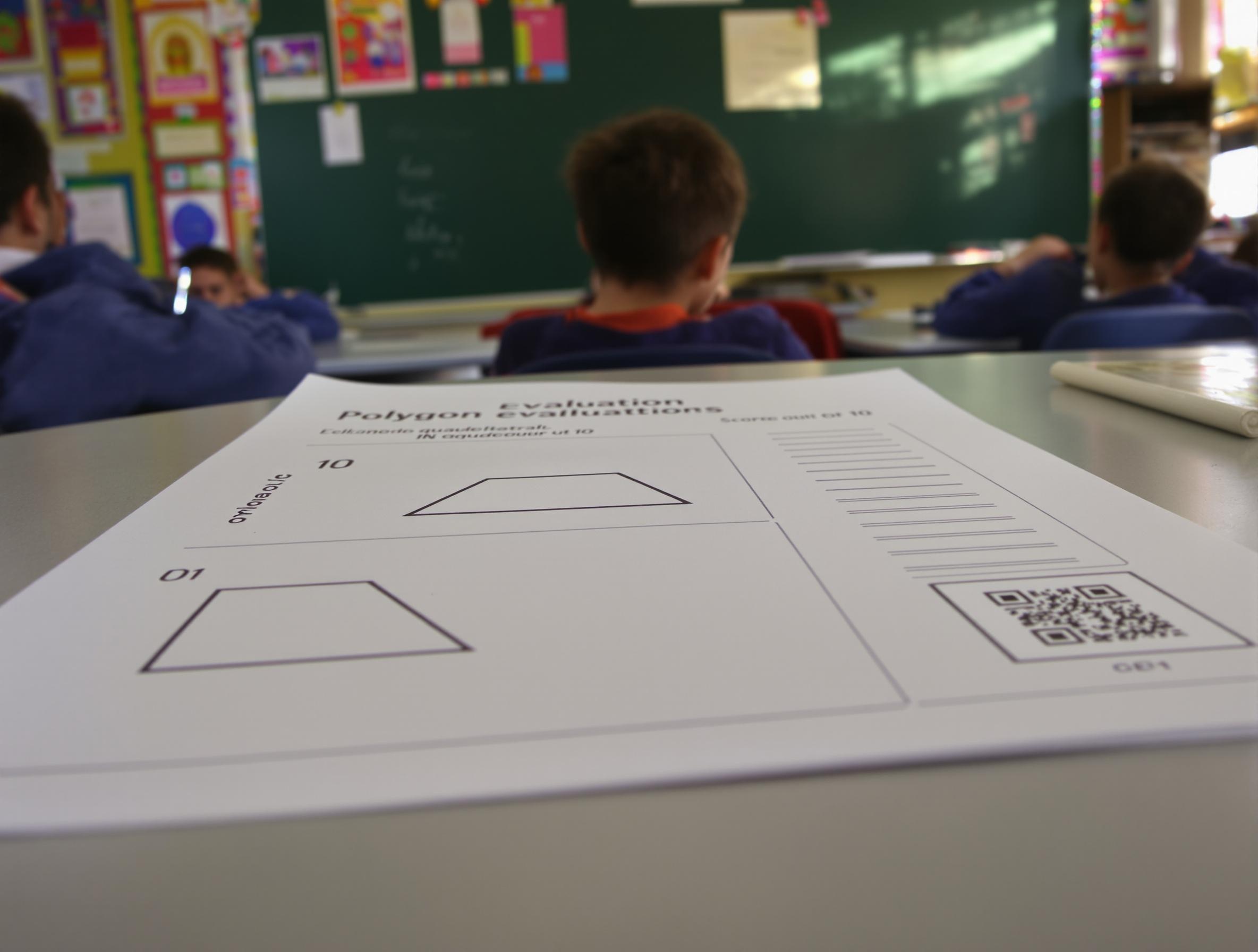 Élève CE1 complète évaluation polygones barème QR-code.