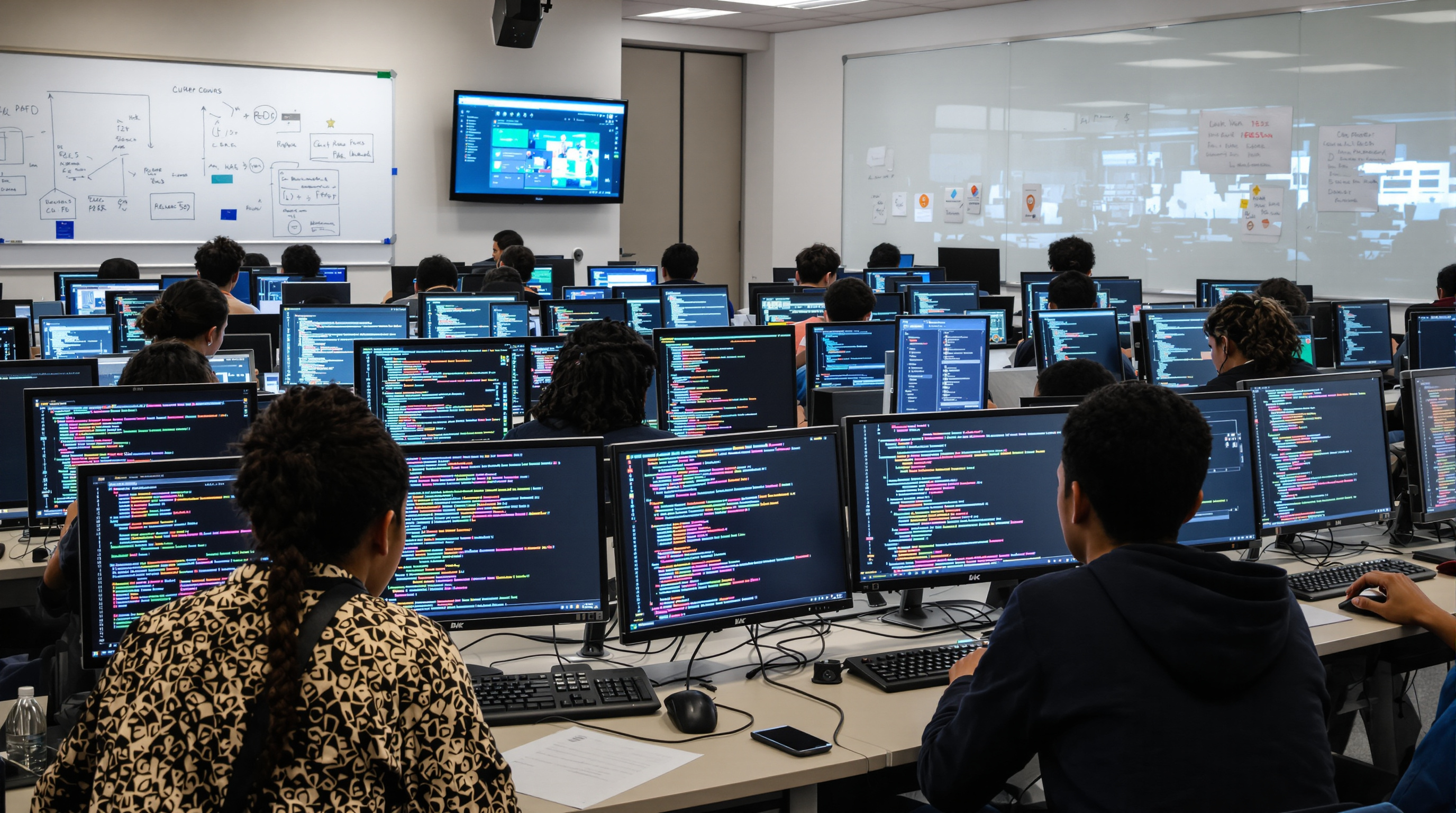 Salle de classe cybersécurité à Lyon avec étudiants concentrés devant leurs écrans