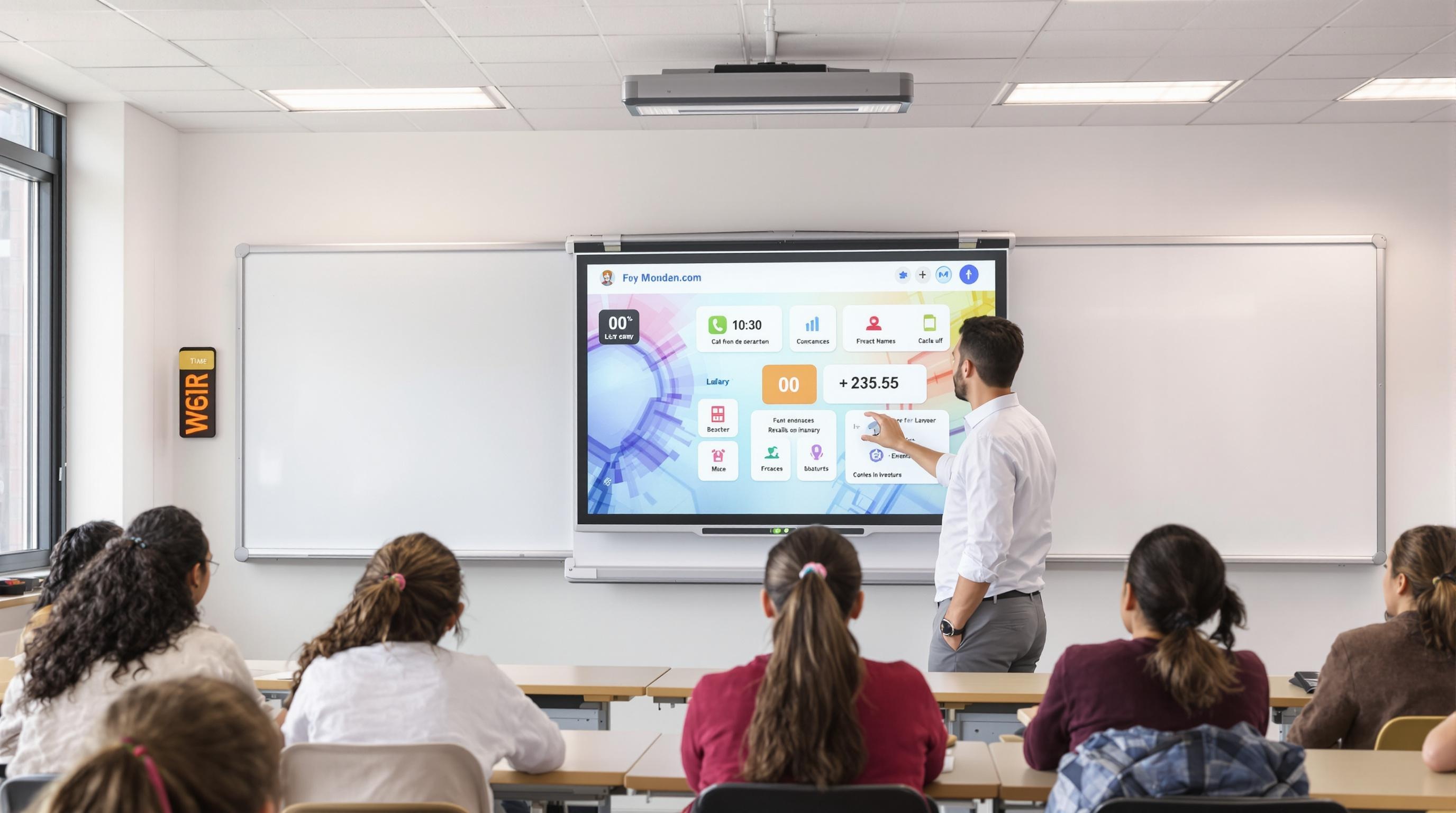 Salle de classe moderne avec TNI et widgets conformes au RGPD