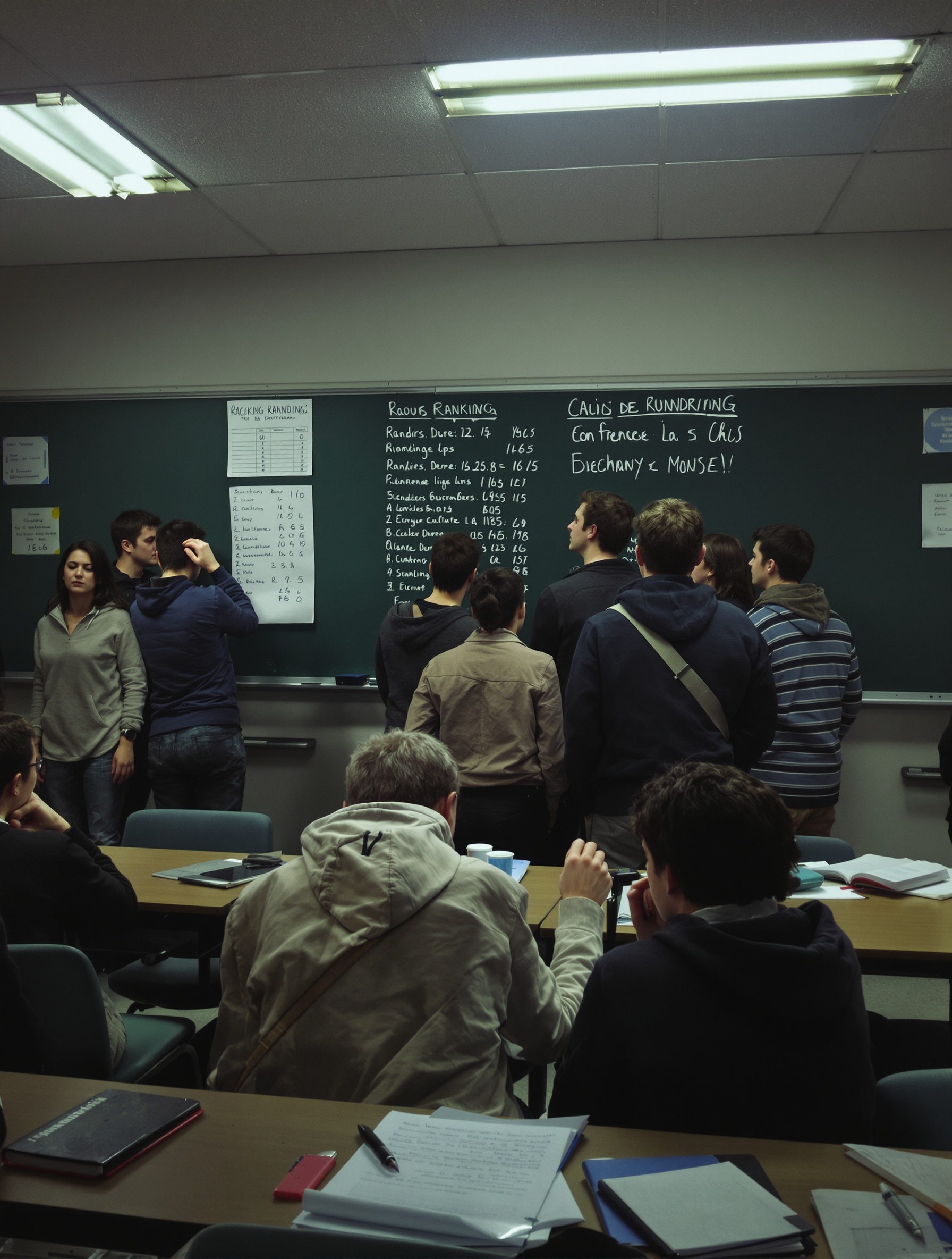 Salle de classe prépa, étudiants stressés devant un classement affiché.