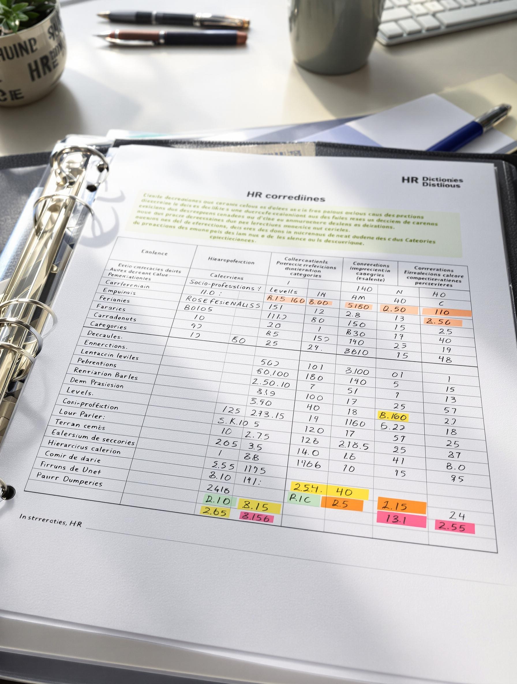 Vue rapprochée d’un classeur RH affichant la correspondance entre coefficients hiérarchiques, catégories socio-pro et niveaux de salaires