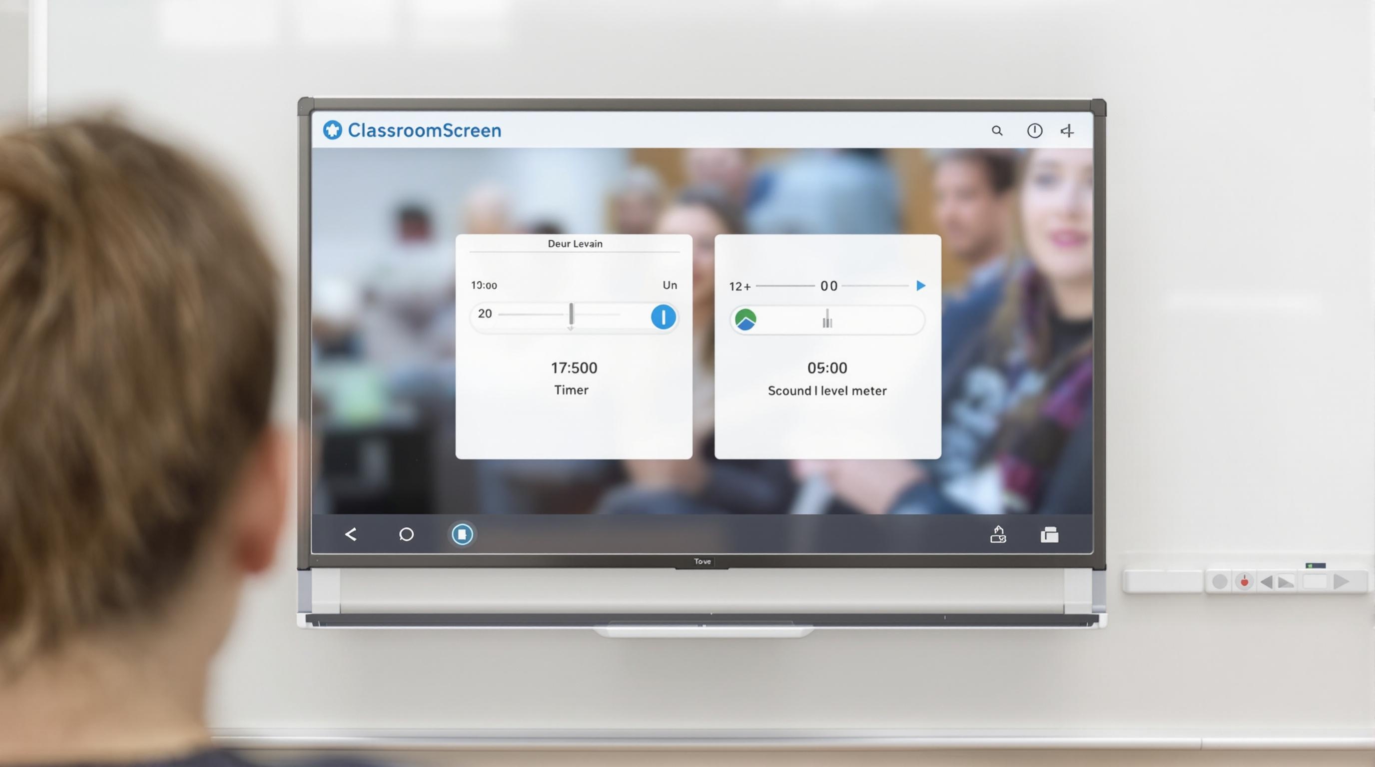 Interface de ClassroomScreen sur TNI avec minuteur et sonomètre