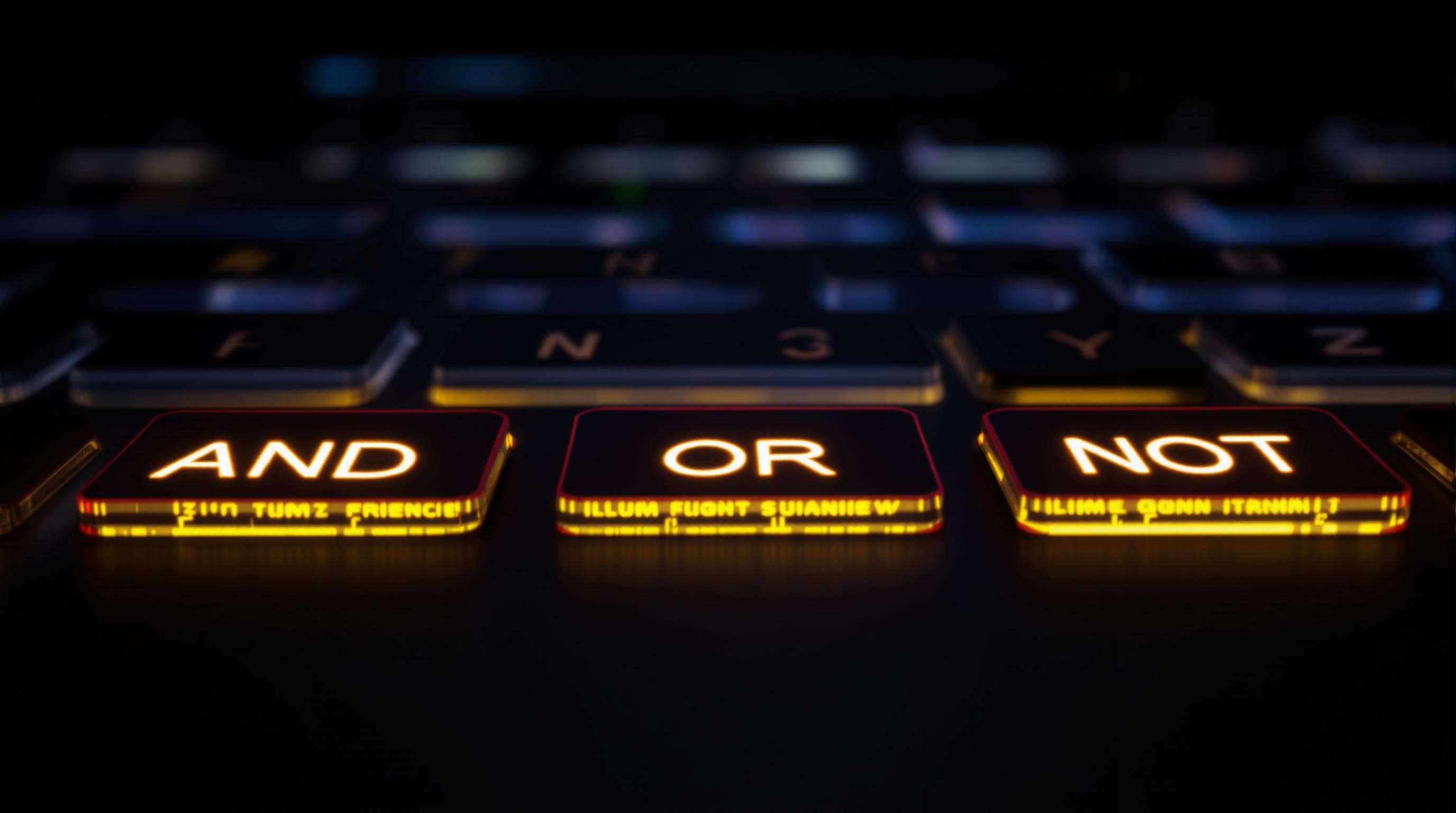 Touches AND, OR, NOT sur un clavier, ambiance tech.
