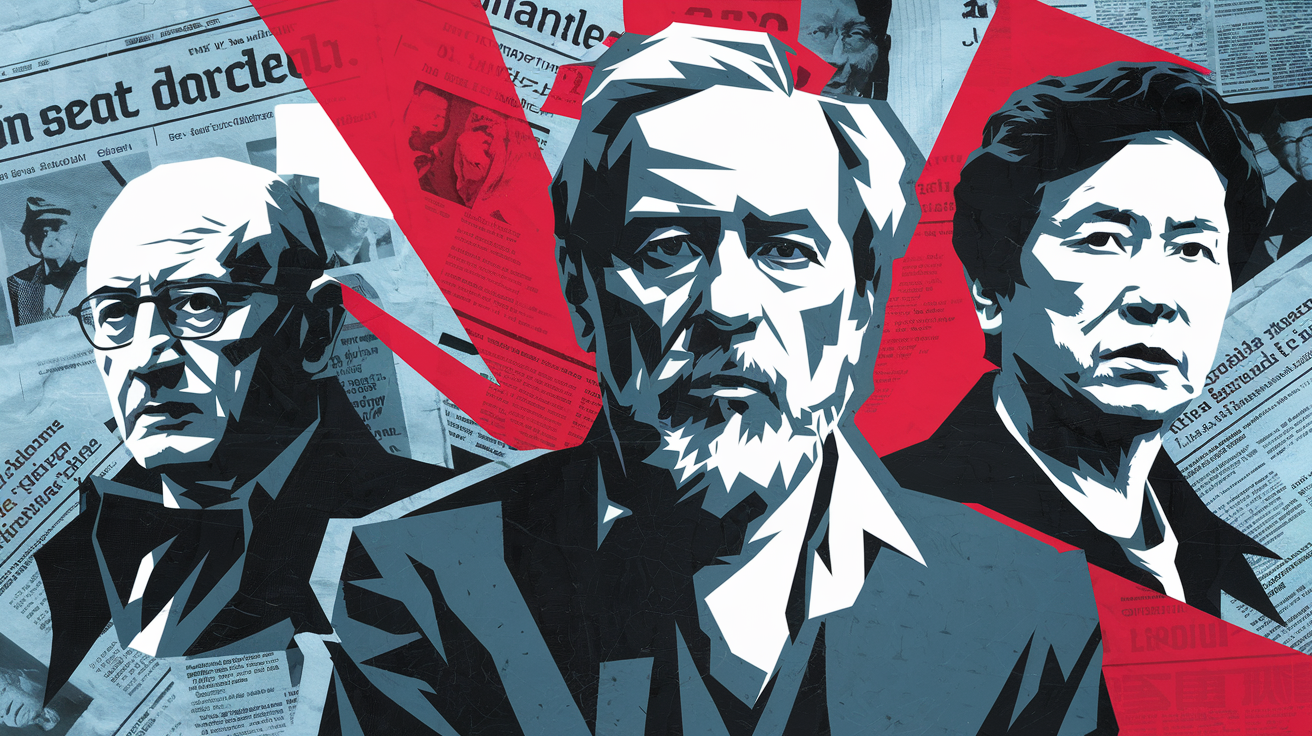 Collage avec portraits de Sartre, Gao Xingjian et Ilya Ehrenbourg, fond de journaux censurés.