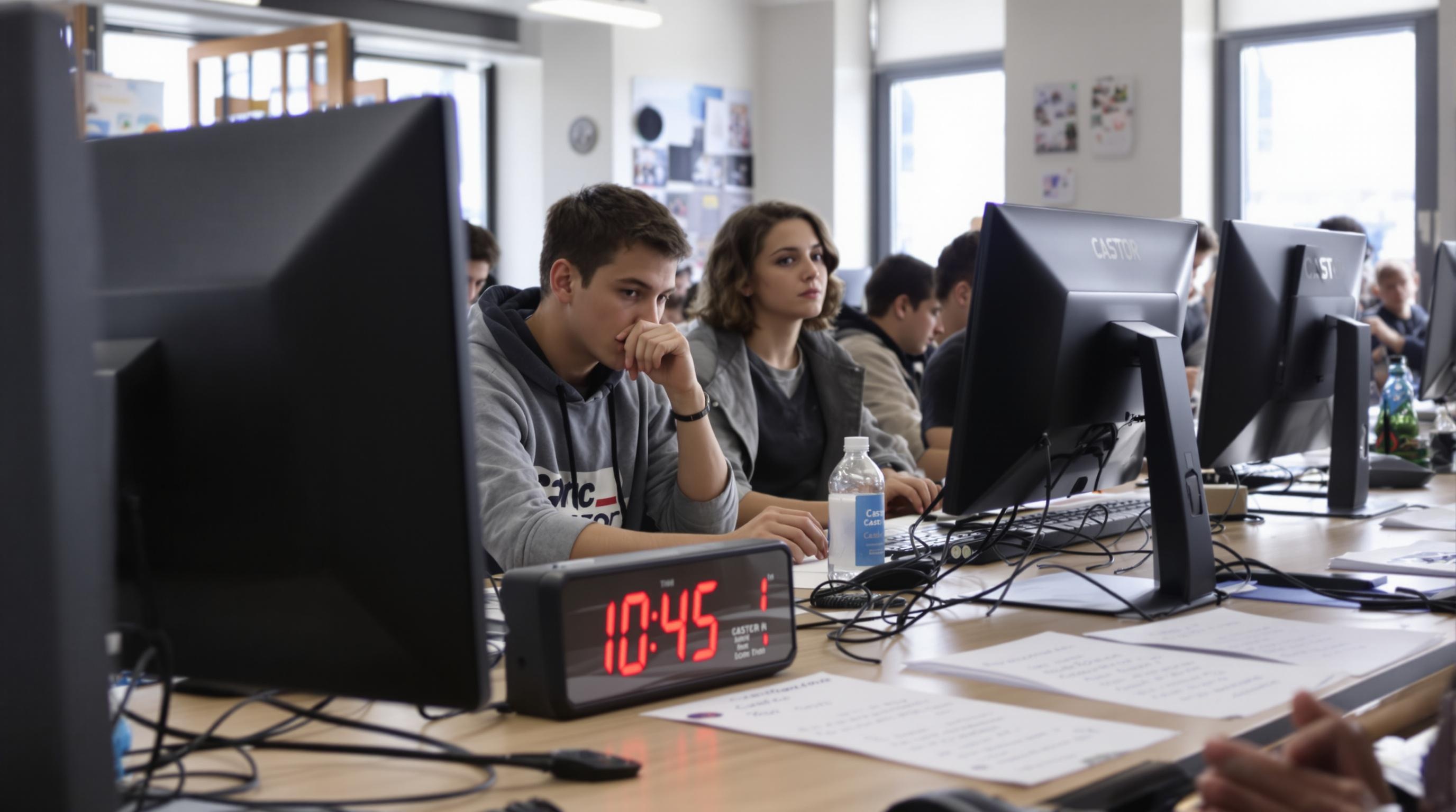 Collégiens simulant le concours Castor avec un minuteur et des fiches de scores
