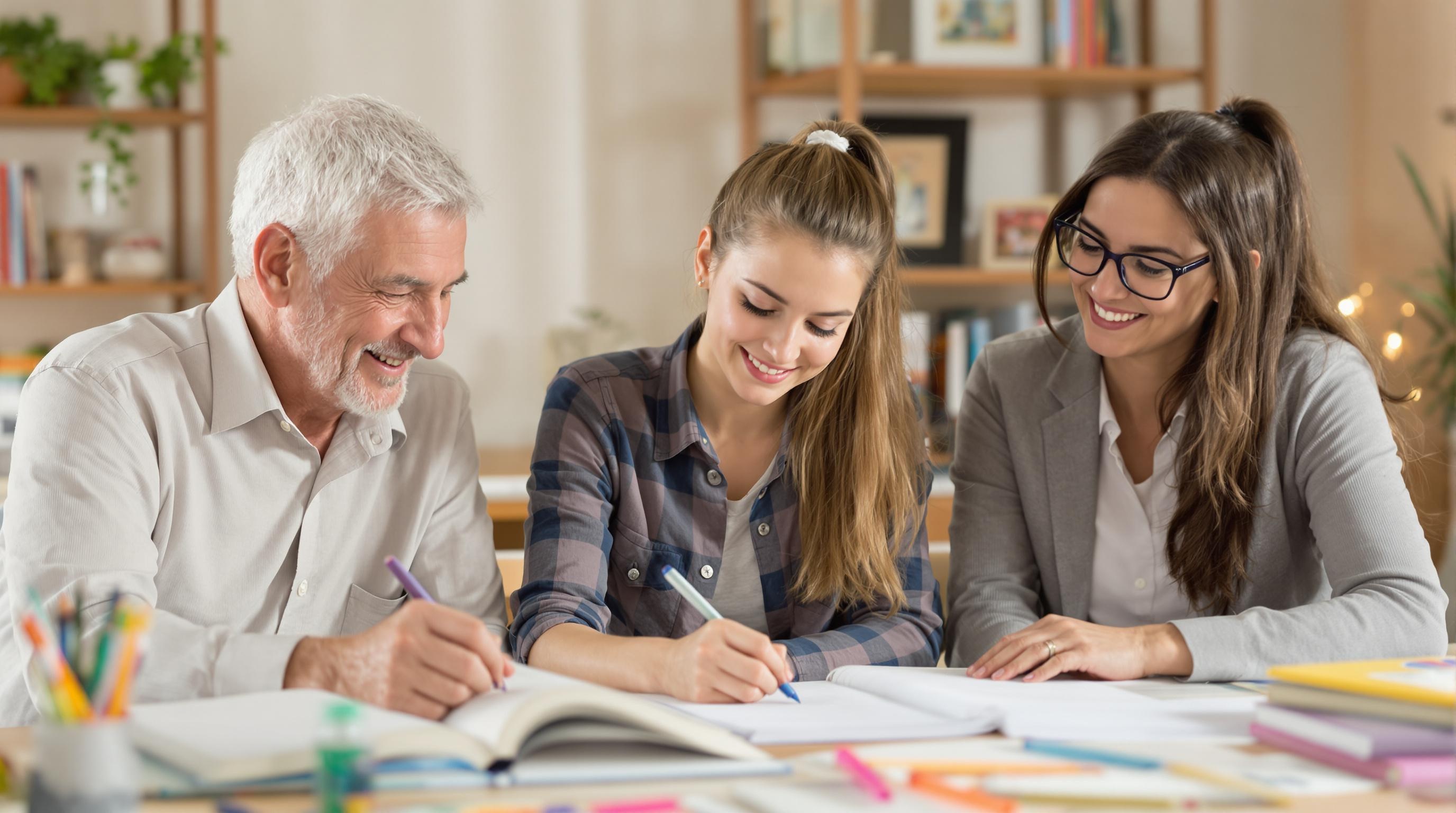 Comparaison visuelle des trois types d'aide aux devoirs CP : grand-parent souriant, baby-sitter concentrée, professeur particulier professionnel, arrière-plan table de devoirs, ambiance familiale réaliste.