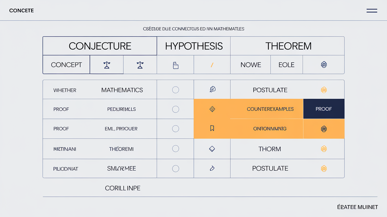 Tableau comparatif des termes mathématiques : conjecture, hypothèse, théorème, postulat