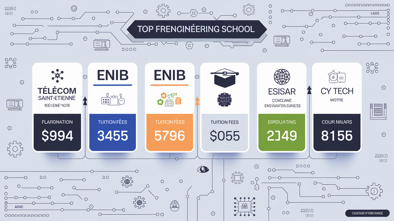 Tableau comparatif des écoles d'ingénieurs : spécialités, frais de scolarité et salaires.