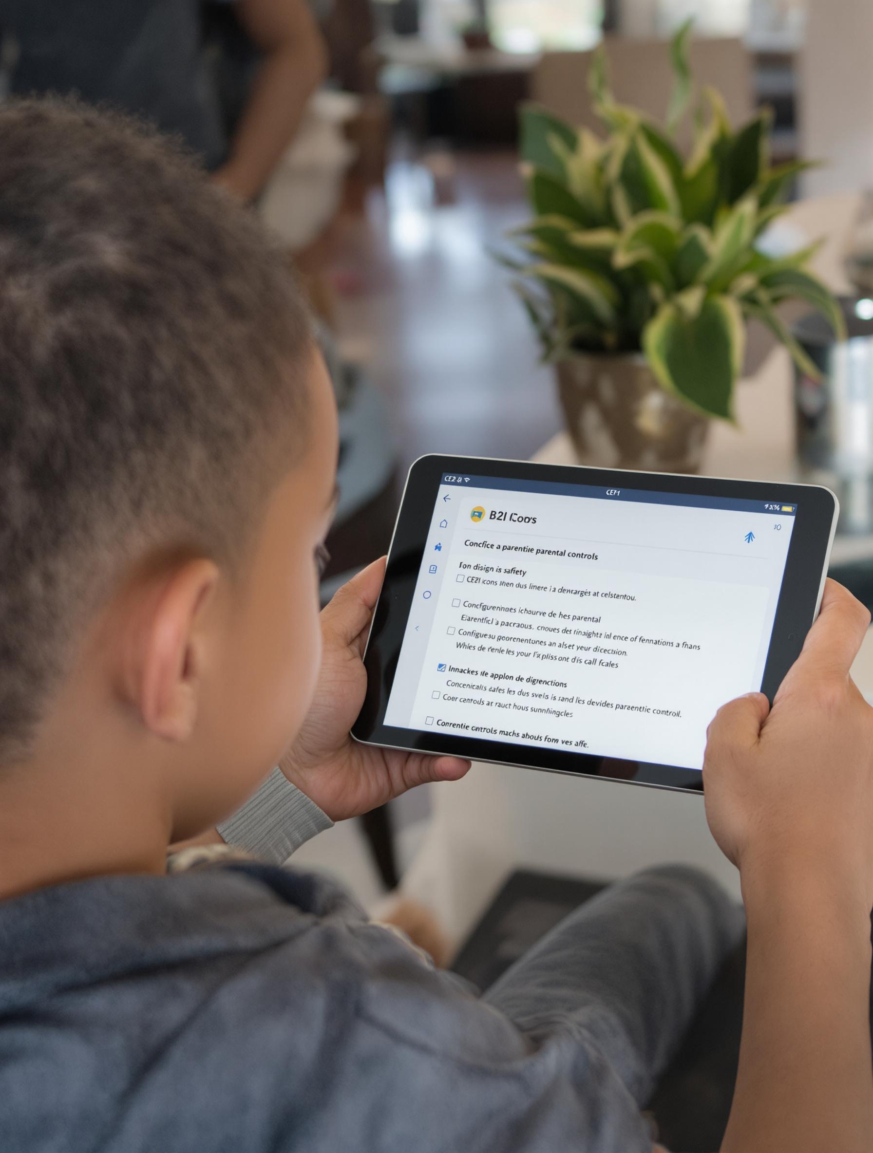 Parent configurant un contrôle parental sur une tablette pour sécuriser l'accès numérique.