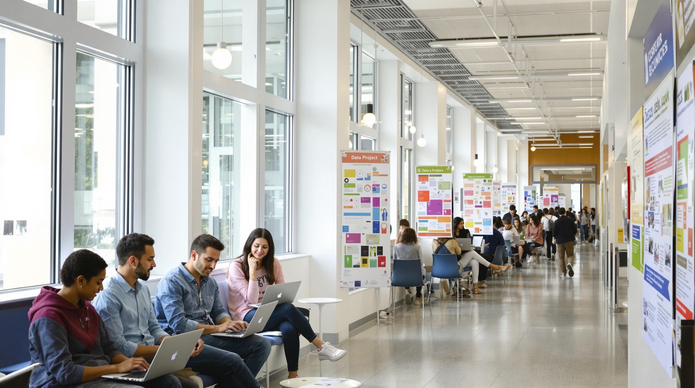 Couloir lumineux du campus CY Tech Cergy avec des étudiants travaillant sur des ordinateurs portables et des affiches de projets data.