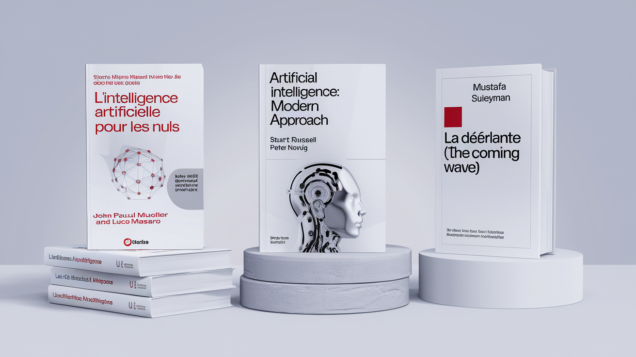 Covers des livres L'IA pour les Nuls, Artificial Intelligence: A Modern Approach, La Déferlante