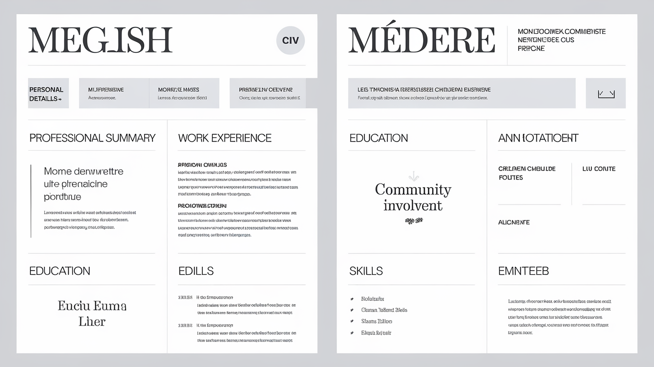 Exemple de structure de CV anglais avec annotations pour chaque section clé : résumé professionnel percutant, expériences antichronologiques, compétences distinguées, engagement communautaire.