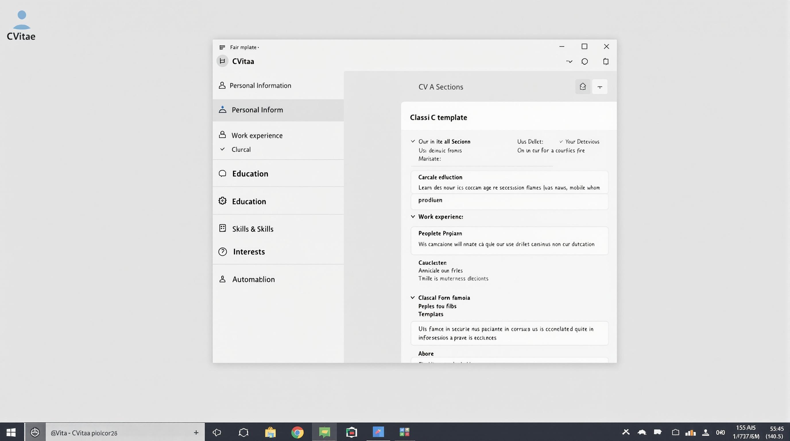 Fenêtre CVitae montrant la liste des rubriques et l’aperçu du modèle classique sur Windows 10.