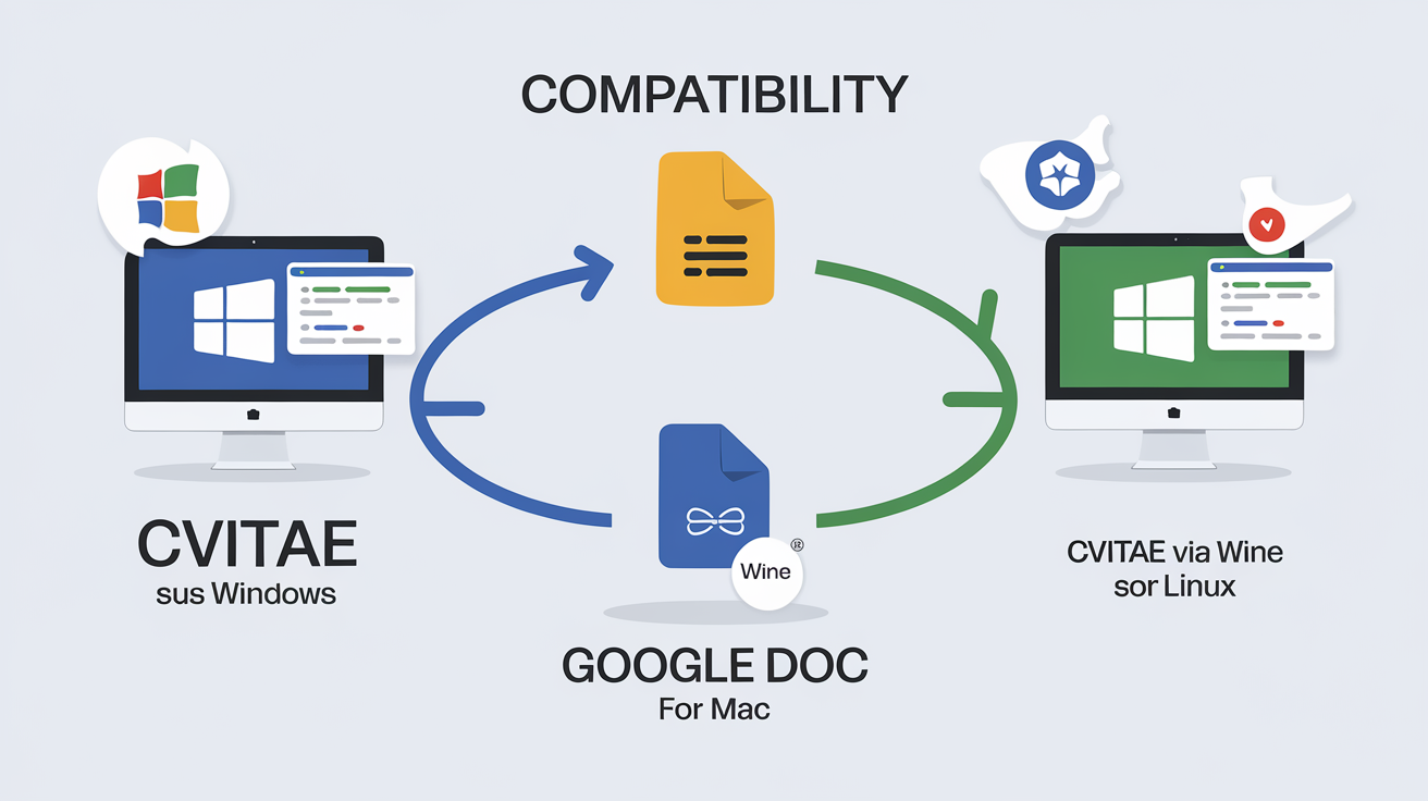 Diagramme montrant CVitae fonctionnant nativement sur Windows et via Wine sur Linux, avec flèche vers Google Doc pour Mac.