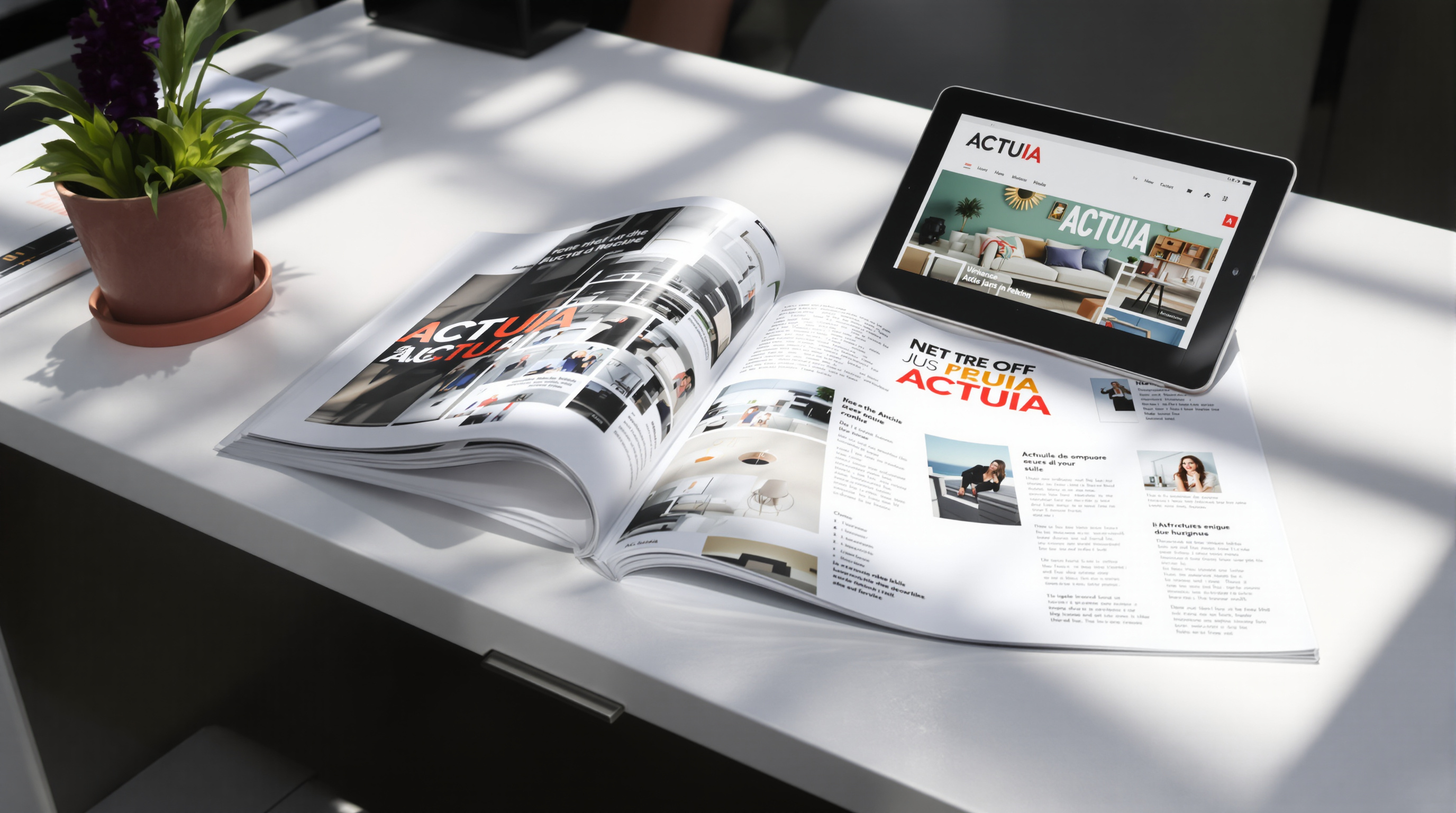 Double-page du magazine ActuIA sur un bureau moderne, à côté d'une tablette affichant le site web.