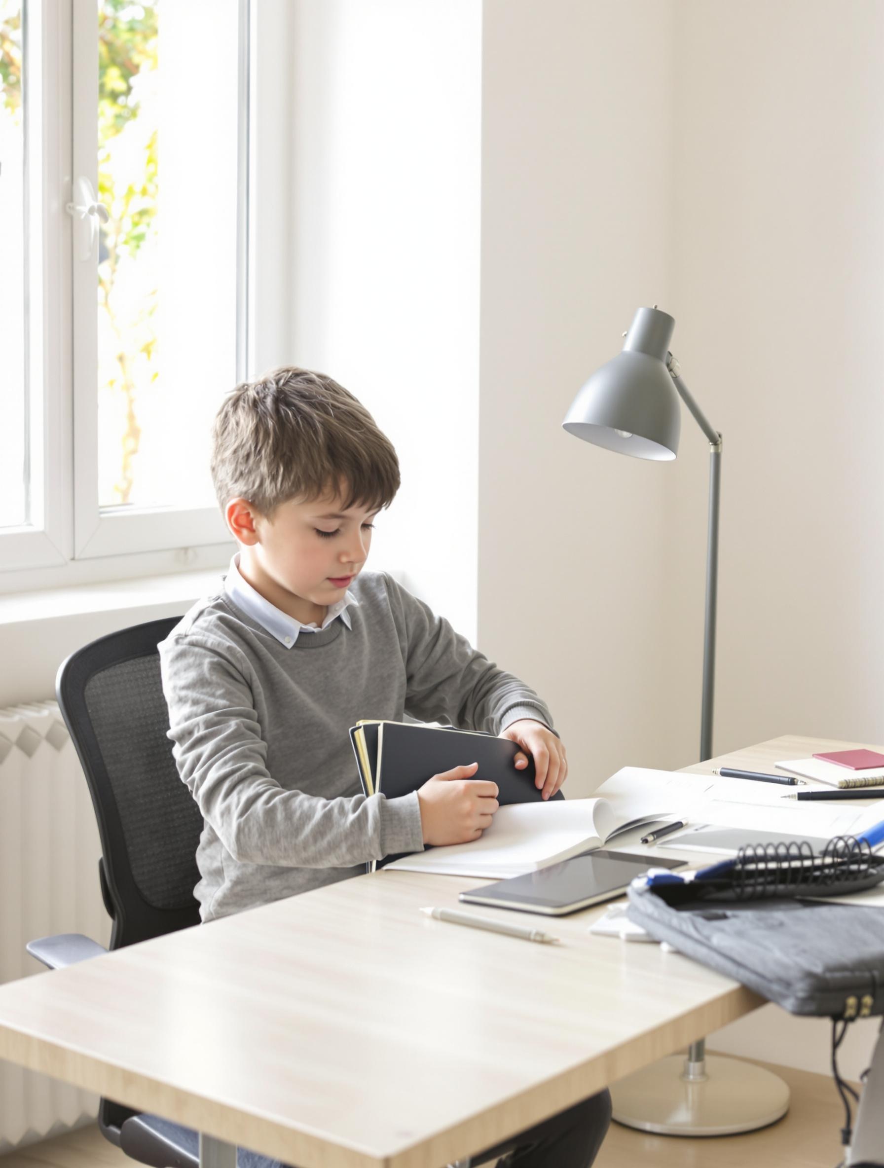 Écolier de cours préparatoire plaçant son cahier de français dans son cartable, bureau minimaliste, lumière douce, posture ergonomique, ambiance studieuse.